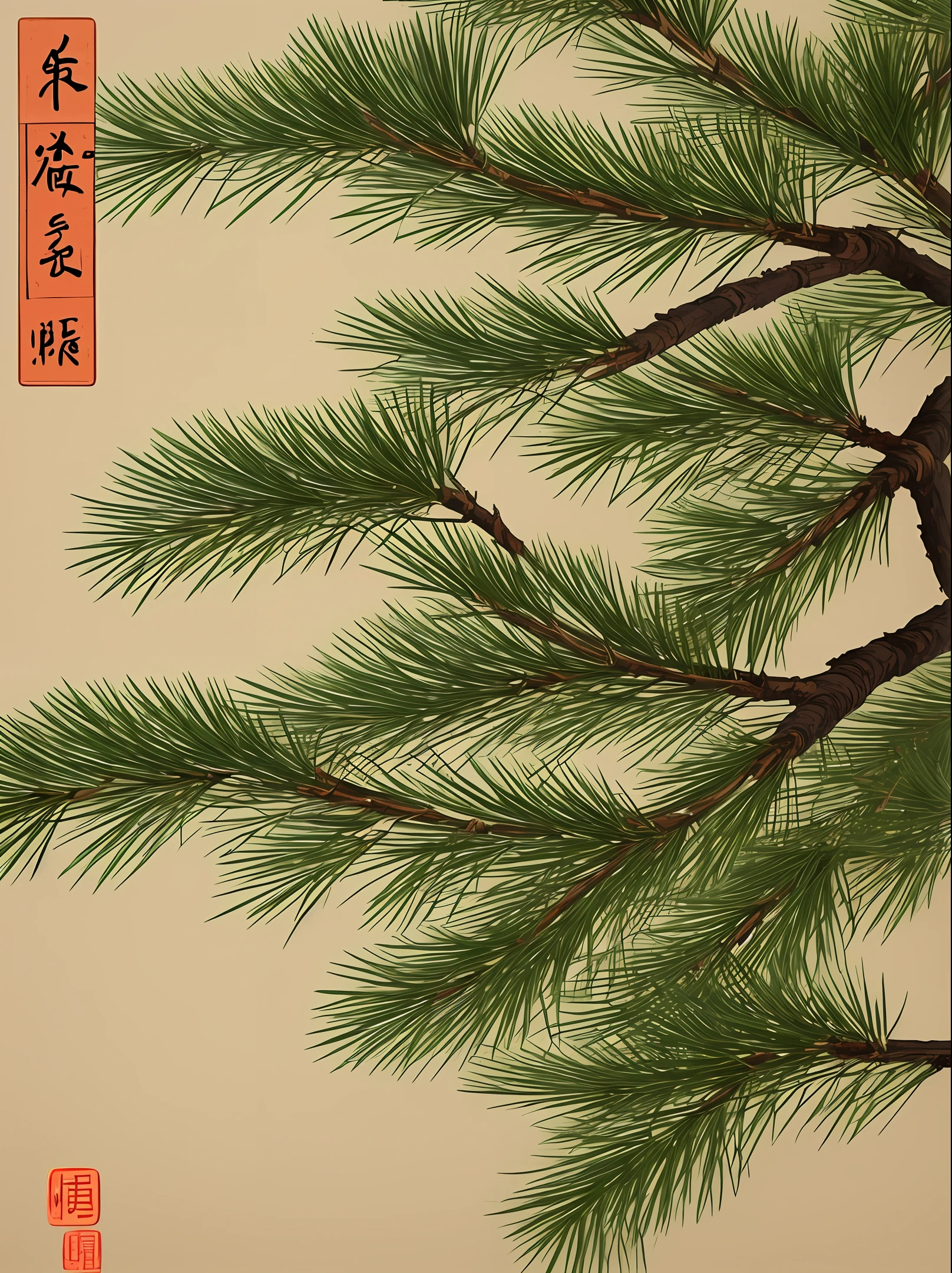 Close-up of pine branches in Chinese painting style