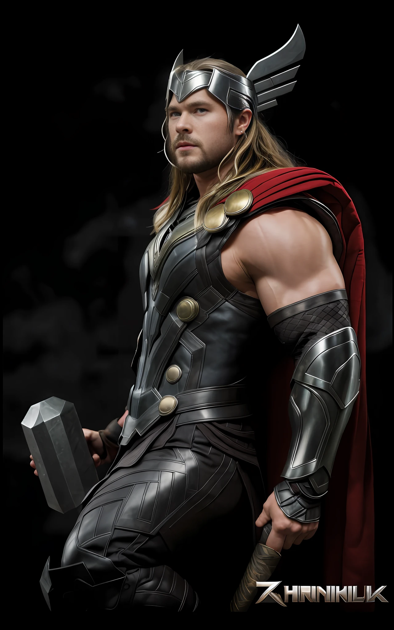 Actor Chris Hemsworth, Thor, long hair, metallic armor, holding hammer.
