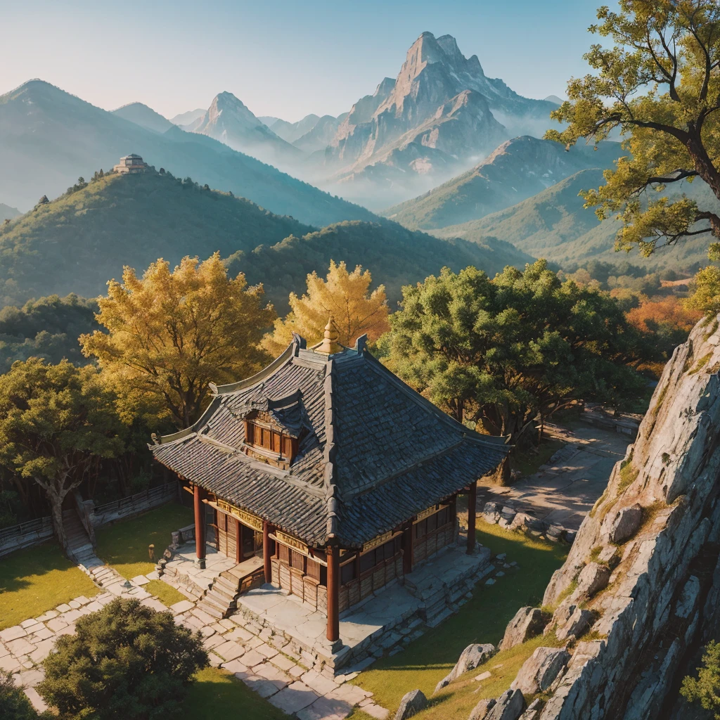 (Adventure Archaeology), an adventure boy in Hanfu, wide avenue, high quality, extremely fine, artwork, brushstrokes, Chinese painting, morning, pillar of light, best quality, masterpiece, high painting, mountain horizon, forest, popular deviant art, ultra-realistic 8k, soft colors, soft lighting, golden hour, calm atmosphere