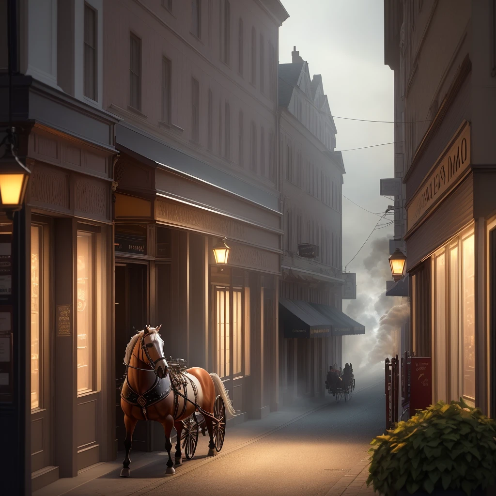 "Create a cinematic scene with HDR lighting on an AI stage. Include detailed accessory design, and exclude humans, smoke, and storefronts. Add a horse carriage in the corner to add to the atmosphere of the scene."