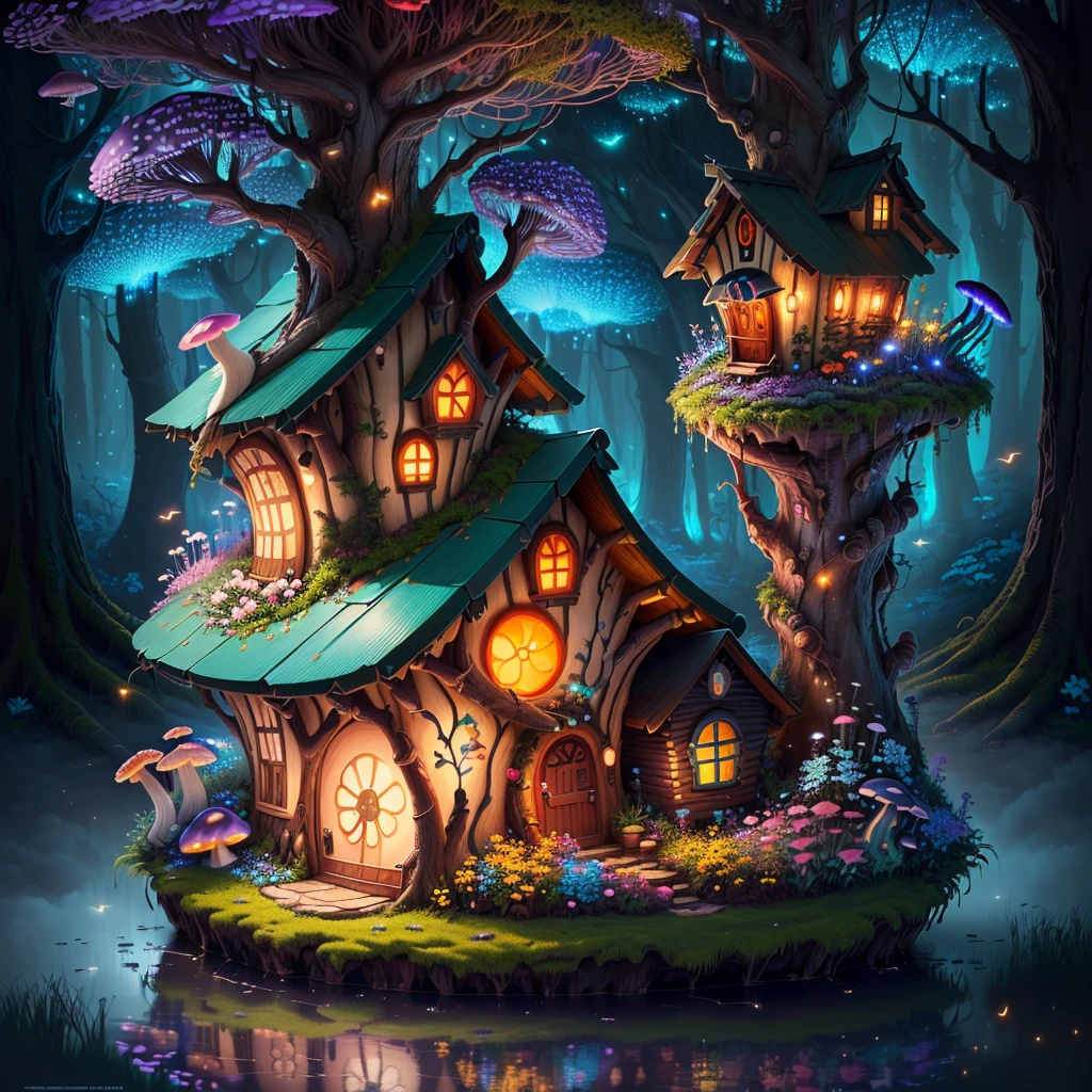 (Swirling clouds and colorful flowers), (forest fireflies fantasy mushroom house), (midnight), (Irregular), (mysterious), (ridiculous), dreamy, disney, painted by Thomas Kincaid, artstation, sharp focus, inspiring 8k wallpaper,