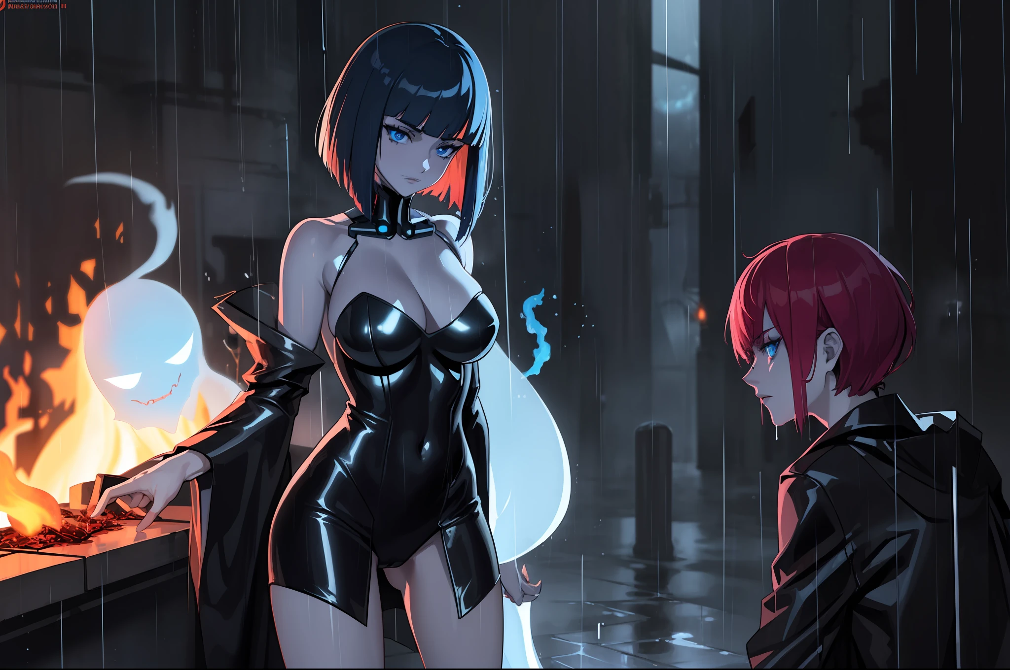 (masterpiece:1.2), (best quality:1.2), (ghost in the shell), detailed, a girl, transparent clothes, mature, blue eyes, cleavage, dark alley, (no panties), (fire and rain:1.3), clown, scary,