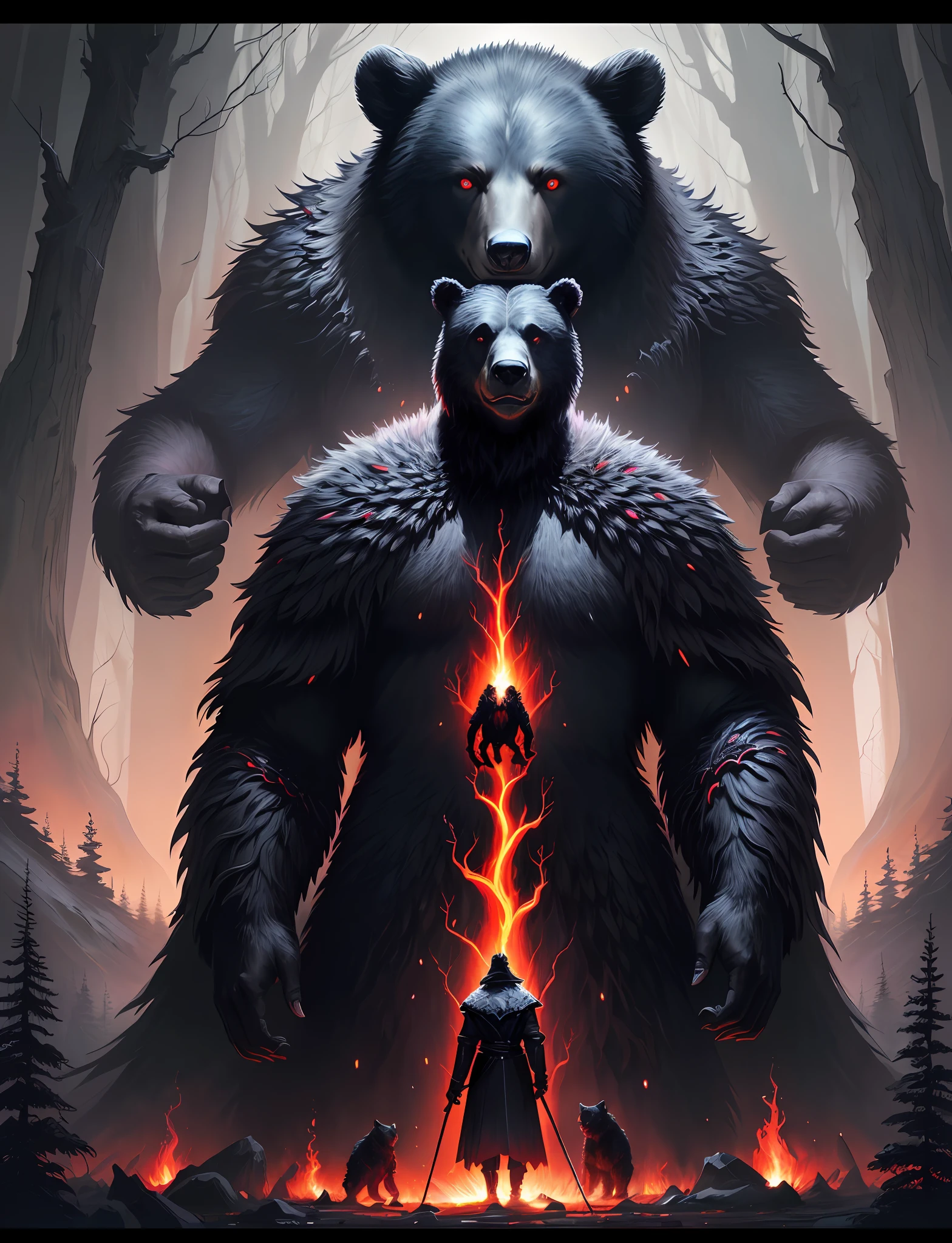Close up of a mother bear, glowing big red eyes standing in the field, cub bear beside him, hellish black bear, dark big forest in background, bioluminescence, magic collection card art, full art, full art illustration, Jason Benjamin, summoning undead friends, magic collecting art style, magic collection concept art, collectible card art, symmetry epic fantasy art, symmetry concept art, ominous fantasy illustration