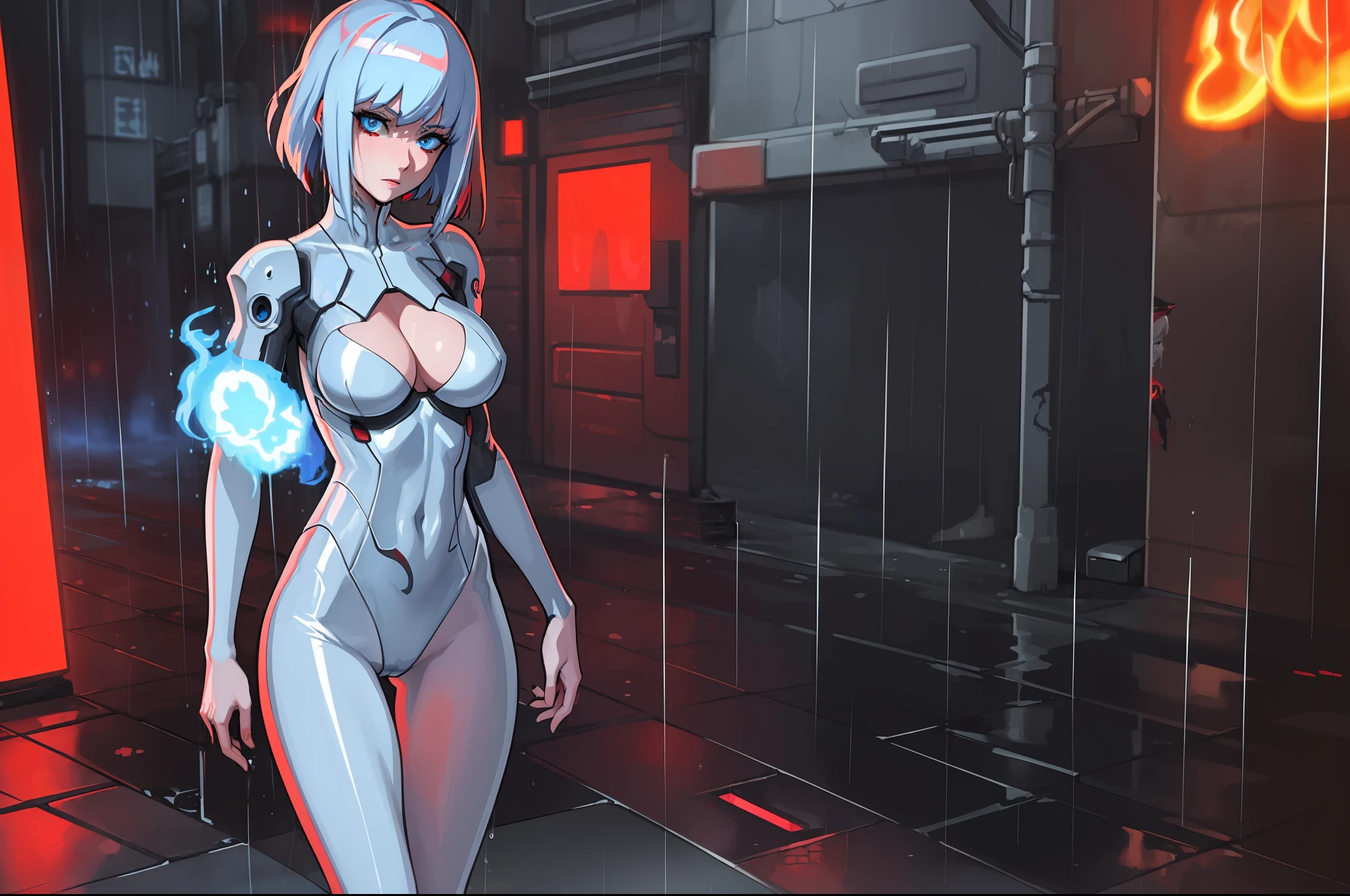 (masterpiece:1.2), (best quality:1.2), (ghost in the shell), detailed, a girl, transparent clothes, mature, blue eyes, cleavage, dark alley, (no panties), (fire and rain:1.3), clown, scary, (red neon:1.3)