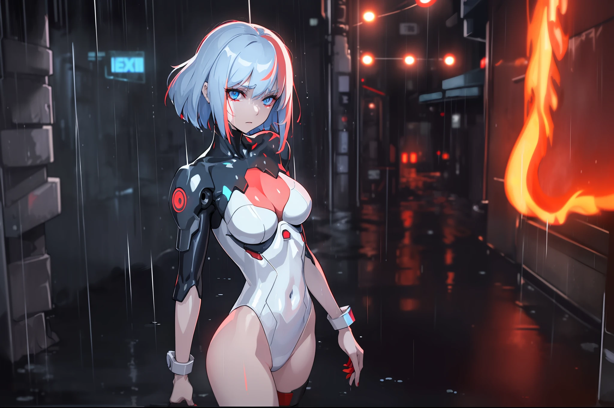 (masterpiece:1.2), (best quality:1.2), (ghost in the shell), detailed, a girl, transparent clothes, mature, blue eyes, cleavage, dark alley, (no panties), (fire and rain:1.3), clown, scary, (red neon:1.3)