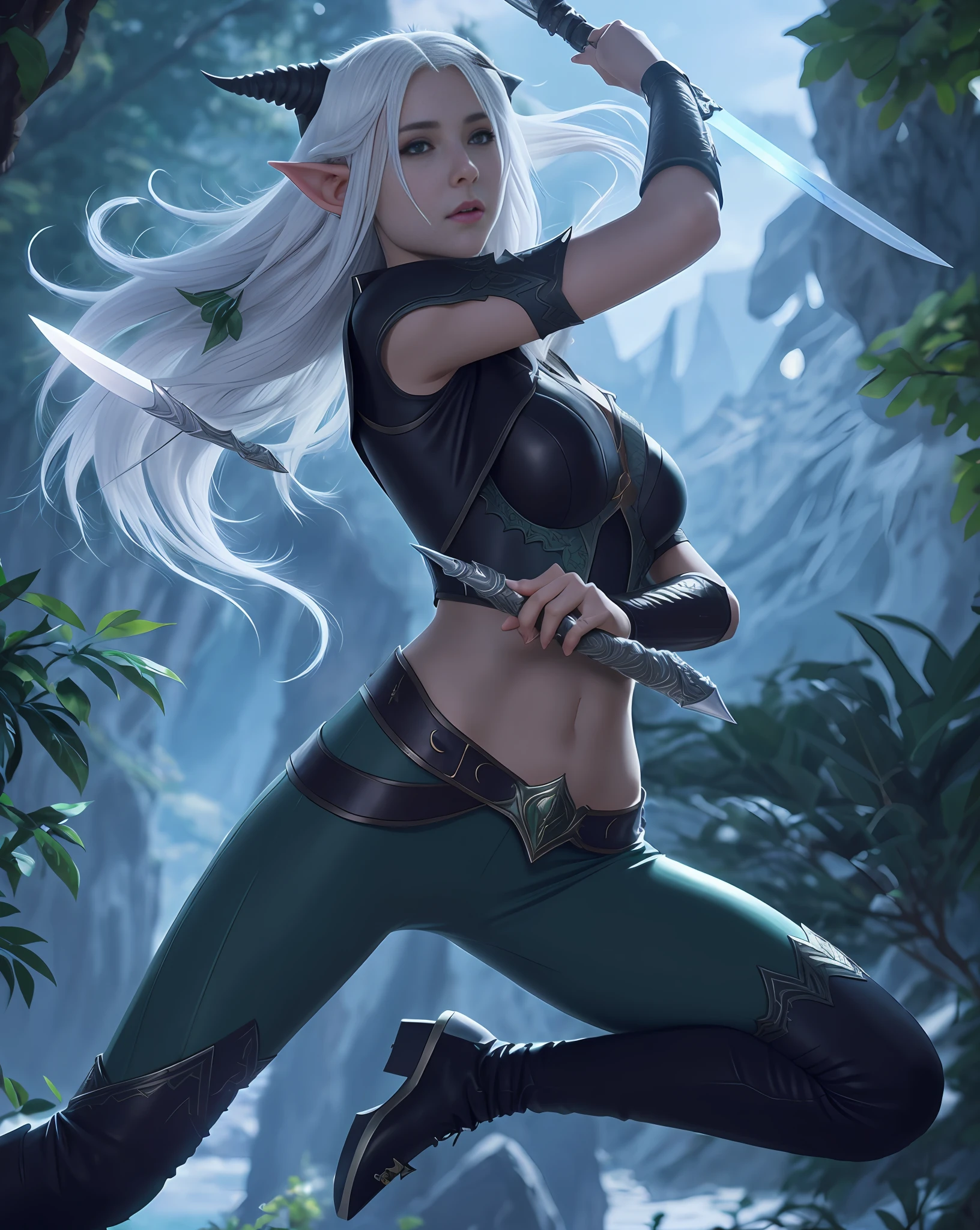 Rayla, dragon prince, elf girl, white hair, long hair, horn on head, holding dagger.