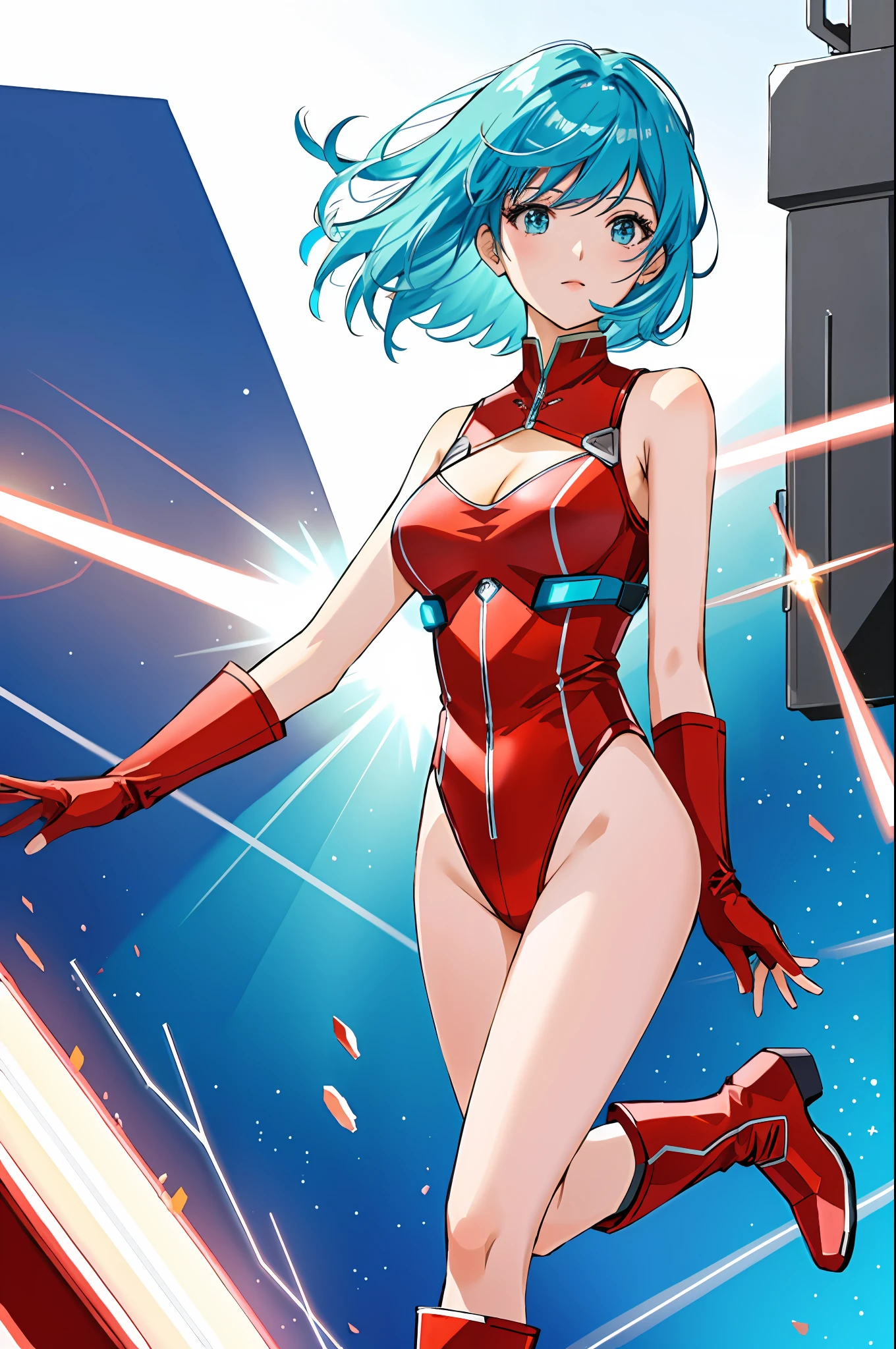 masterpiece, best quality, highres, 1girl, solo, superhero, red leotard, bare legs, red boots, matching boots, aura, blue aura, sleeveless, red gloves, bracelets, matching gloves, looking at viewer, light particles, city backdrop, perfect hands, perfect eyes, powering up, perfect leotard, perfect legs, perfect arms, perfect fingers, light blue and dark green leotard, green hair, aquamarine eyes, medium breasts, short hair, bob hair, blue skin, light sprinkles,