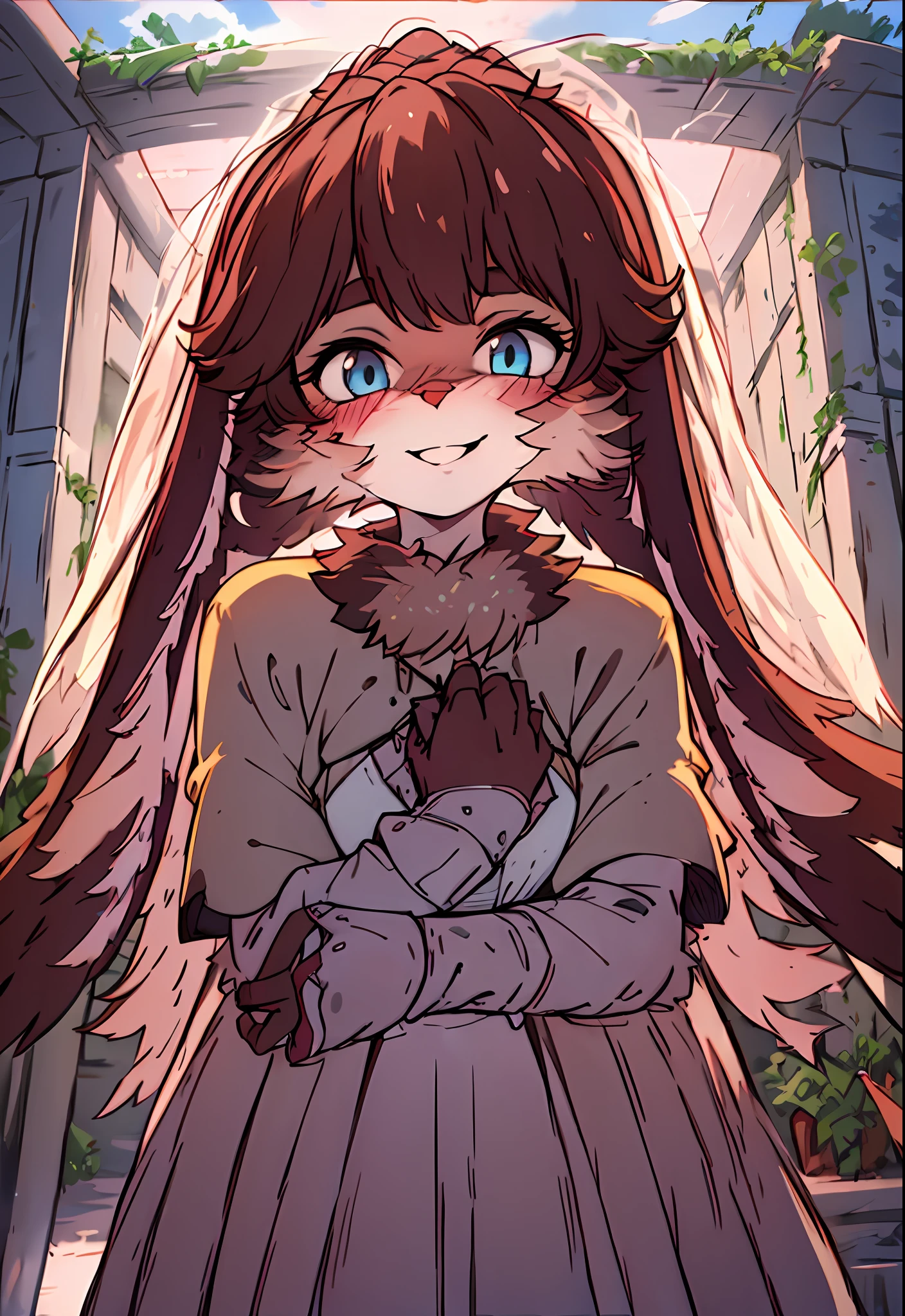 Masterpiece, Best Quality: 1.2, Solo, 1girl, Lop, smile, looking at the viewer, Hands together, detailed hands, wedding dress, outdoor, blushing