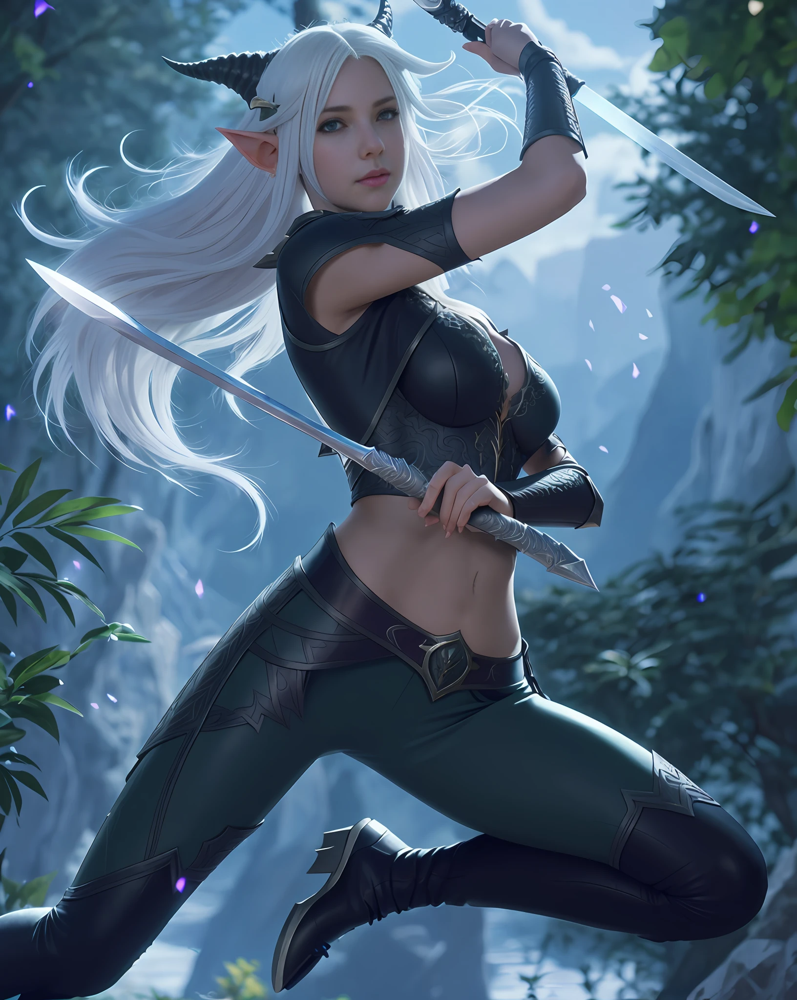 Rayla, dragon prince, elf girl, white hair, long hair, horn on head, holding dagger.