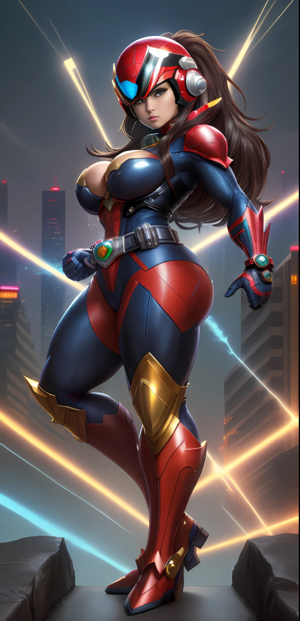 Maximum resolution/quality/sharpness, Unreal Engine 5/Power Rangers/Tokusatsu/Mortal Kombat/Super Metroid, Cartoon/Disney/Dragon ball/Style, ((1/Woman/big breasts1/helmet/belt/Mega Man-X/Kamen Rider/Spiderman)), mohawk long hair, looking at the viewer, pose, City at night shower strongly.
