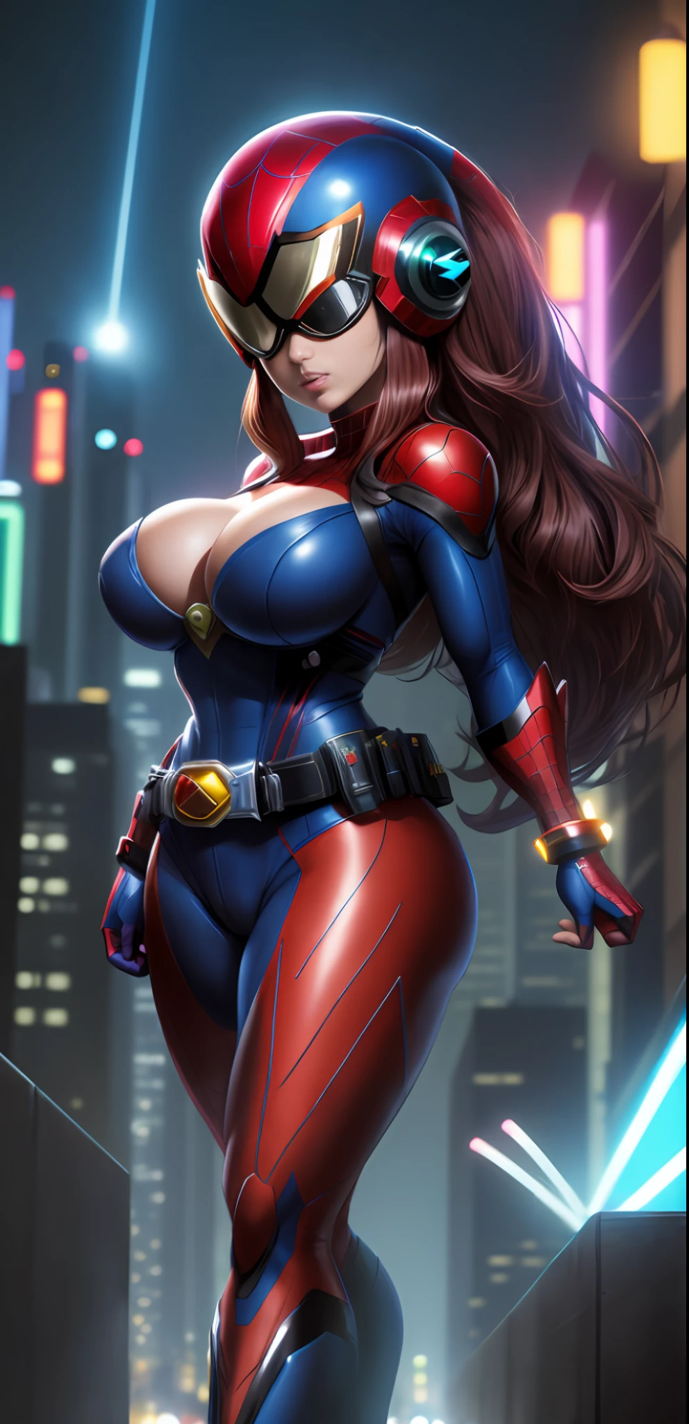 Maximum resolution/quality/sharpness/full body within the frame of the image, Unreal Engine 5/Power Rangers/Tokusatsu/Mortal Kombat/Super Metroid, Cartoon/Disney/Dragon ball/Style, ((1/Woman/big breasts1/helmet/belt/Mega Man-X/Kamen Rider/Spiderman)), mohawk long hair, looking at the viewer, pose, City at night shower strongly.