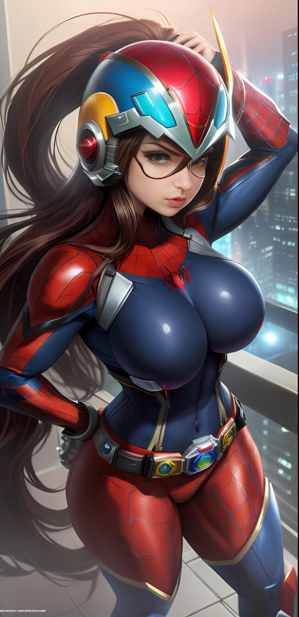 Maximum resolution/quality/sharpness/full body within the frame of the image, Unreal Engine 5/Power Rangers/Tokusatsu/Mortal Kombat/Super Metroid, Cartoon/Disney/Dragon ball/Style, ((1/Woman/big breasts1/helmet/belt/Mega Man-X/Kamen Rider/Spiderman)), mohawk long hair, looking at the viewer, pose, City at night shower strongly.