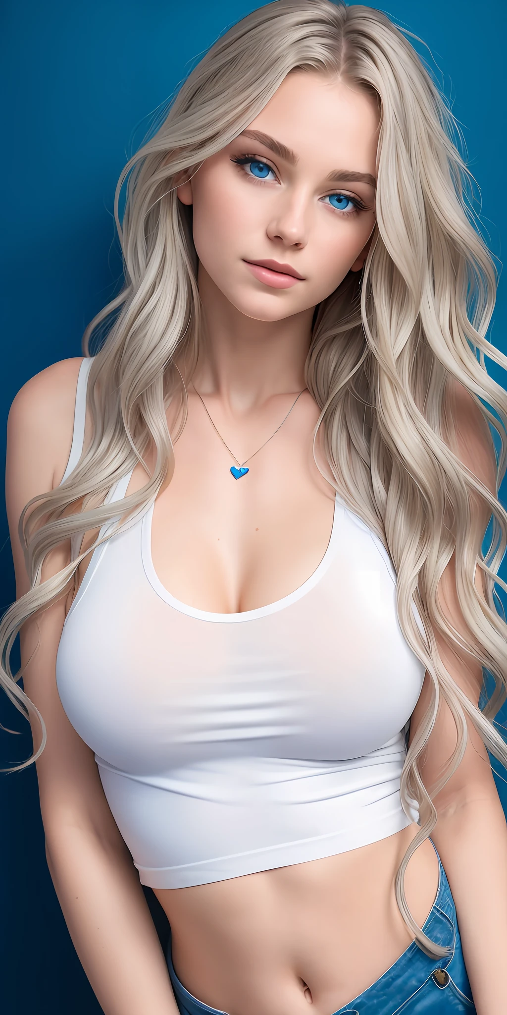 (masterpiece, best quality), solo portrait of a beautiful lady with heart-shaped pupils wearing a white tank top. She has long wavy silver hair and blue eyes, pictured against an indoor background