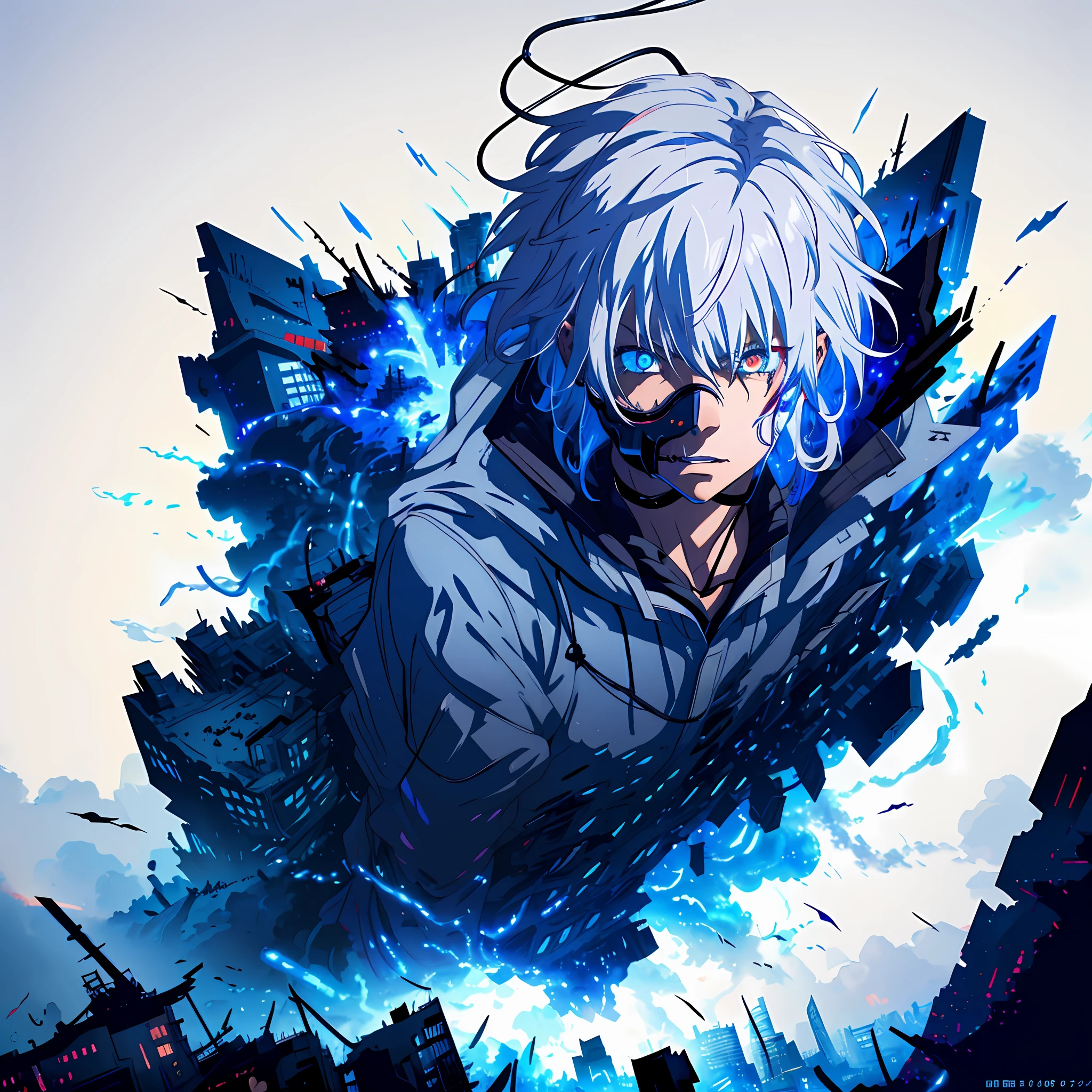 Anime humanoid monster, character design,wearing a futuristic mouth mask, serious face,boy,maniac,deranged look,messy unkept hair,hair covering right eye, vibrant eye color,red and blue eyes,(white hair), close up shot, creating a crack in reality, powerful aura, destroyed city, very dark,night,8k,64k, HD, unparalleled masterpiece, dynamic lighting, cinematic, epic Highest quality digital art, Stunning art, wallpaper 4k