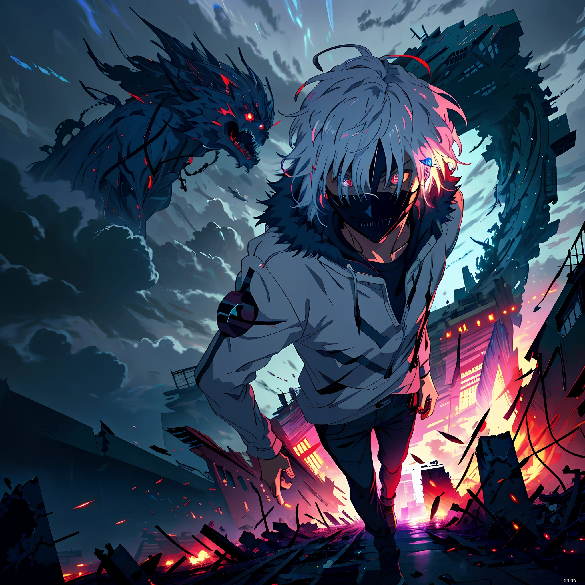 Anime humanoid monster, character design,wearing a futuristic mouth mask, serious face,boy,maniac,deranged look,messy unkept hair,hair covering right eye, vibrant eye color,red and blue eyes,(white hair), close up shot, creating a crack in reality, powerful aura, destroyed city, very dark,night,8k,64k, HD, unparalleled masterpiece, dynamic lighting, cinematic, epic Highest quality digital art, Stunning art, wallpaper 4k