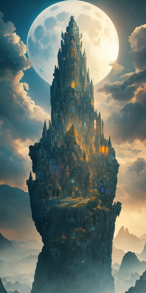 Prompted: platinum castle with crystals and glass, it is flaming, castle is on an anthill with blooming magic mushrooms and plants, the background is a futurisra city at night with stars and lighting particlulas, photorealistic, 4k, ray tracing