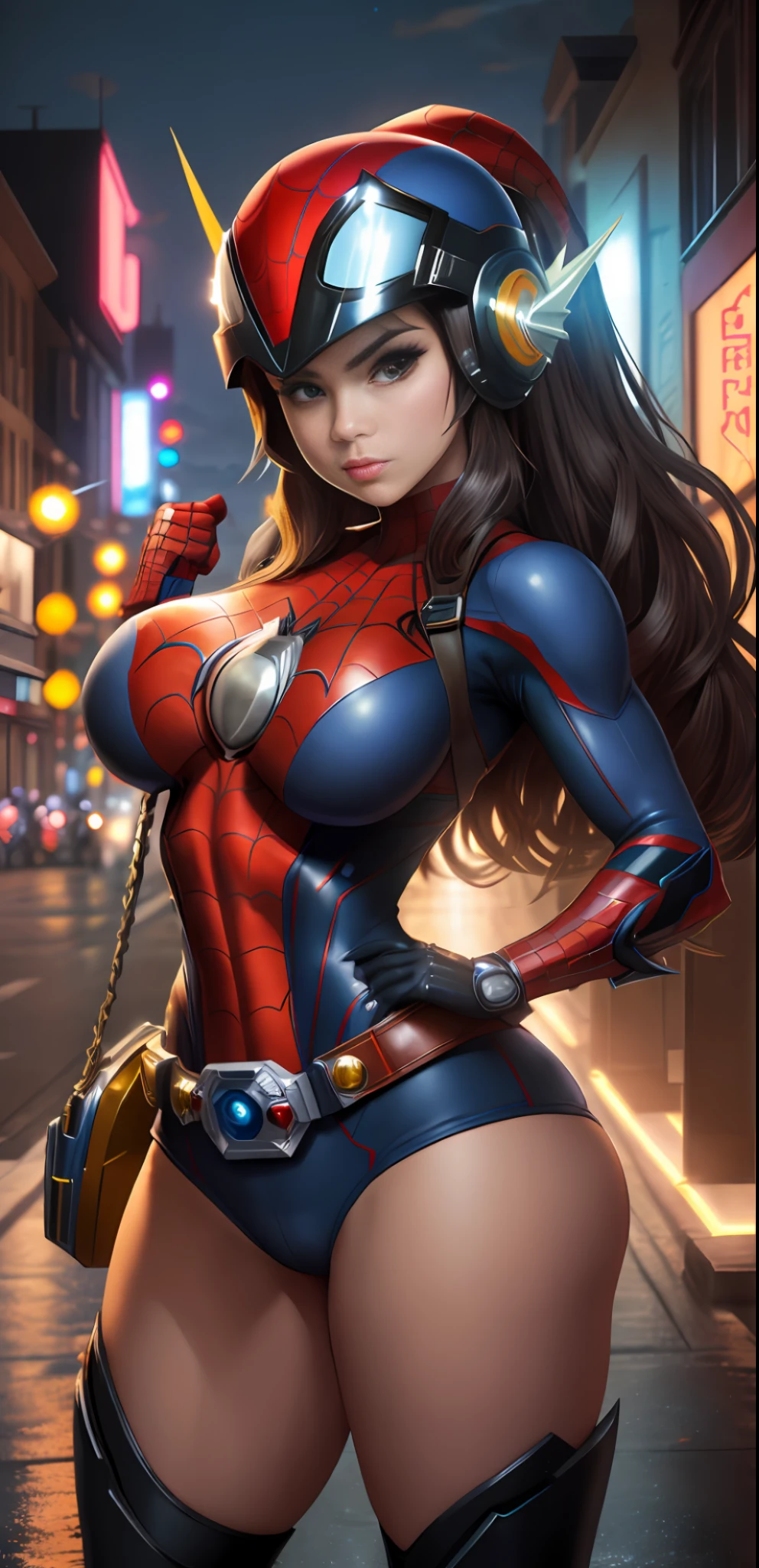 Image with full resolution/quality/sharpness/body within the dimensions of the image, Unreal Engine 5/Power Rangers/Tokusatsu/Mortal Kombat/Super Metroid, Cartoon/Disney/Dragon ball/Style, ((1/Woman/big breasts1/helmet/belt/Mega Man-X/Kamen Rider/Spiderman)), mohawk long hair, looking at the viewer, pose, City at night shower strongly.
