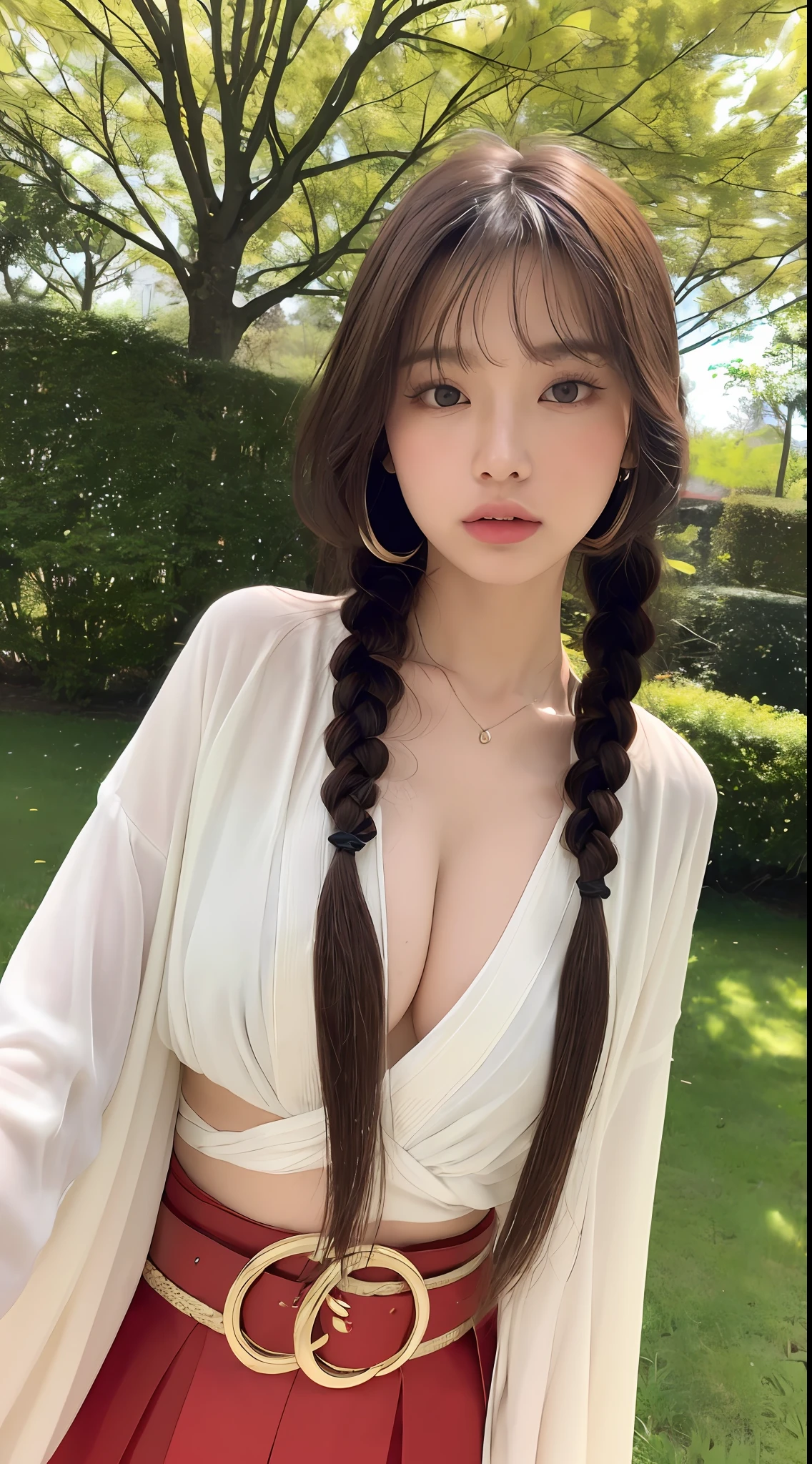 ((Top Quality, 8k, Masterpiece: 1.3)), Beautiful Woman with Perfect Figure: 1.4, Multi-Camera Angle: 1.2, (((Brown Hair, Big: 1.2 + Blonde + Black Hair)) Woman Alone, Raiden Shogun, Fine Clothes, White Clothes, Dull Bangs, Braid, (Middle Breast: 1.4), Cleavage, Wide Sleeve Kimono, Hair Ornament, White Japanese Clothes, (Red Belt: 1.4), Super Long Hair, Straight Hair, Fine Face, Cool Face, (Chin: 0 .85), Mouth Closed, Looking at the Beholder, Beautiful Detailed Eyes, Skirt, Pose, (Cherry Tree: 1.5), Photon Mapping, Physically Based Rendering, RAW Photo, (Forest: 1.5), (Photorealistic: 1.35), High Resolution, Perspective, Front-facing, Half-Body, Backhand, (ulzzang-6500:0.725)