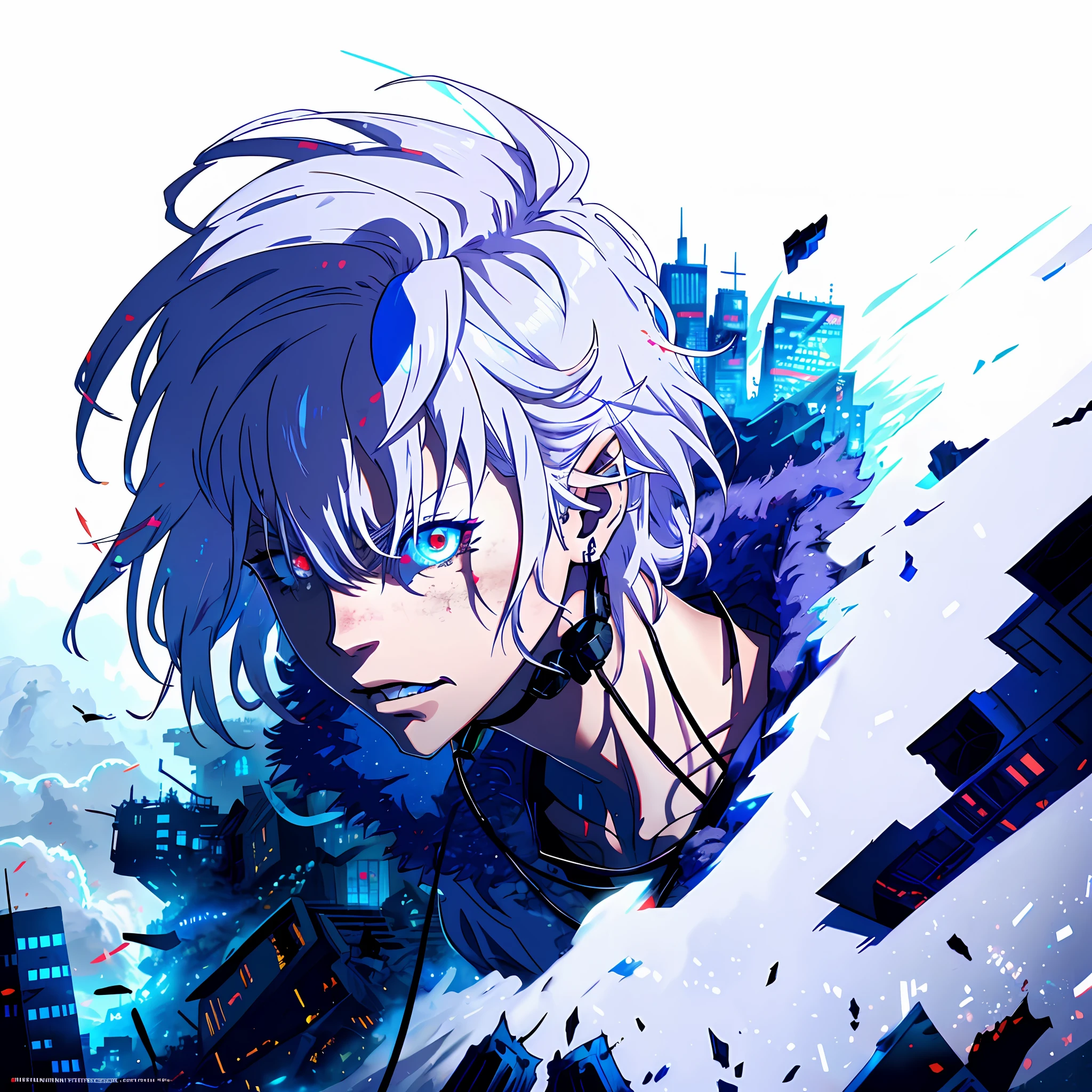 Anime humanoid monster, character design,wearing a futuristic mouth mask, serious face,boy,maniac,deranged look,messy unkept hair,hair covering right eye, vibrant eye color,red and blue eyes,(white hair), close up shot, creating a crack in reality, powerful aura, destroyed city, very dark,night,8k,64k, HD, unparalleled masterpiece, dynamic lighting, cinematic, epic Highest quality digital art, Stunning art, wallpaper 4k