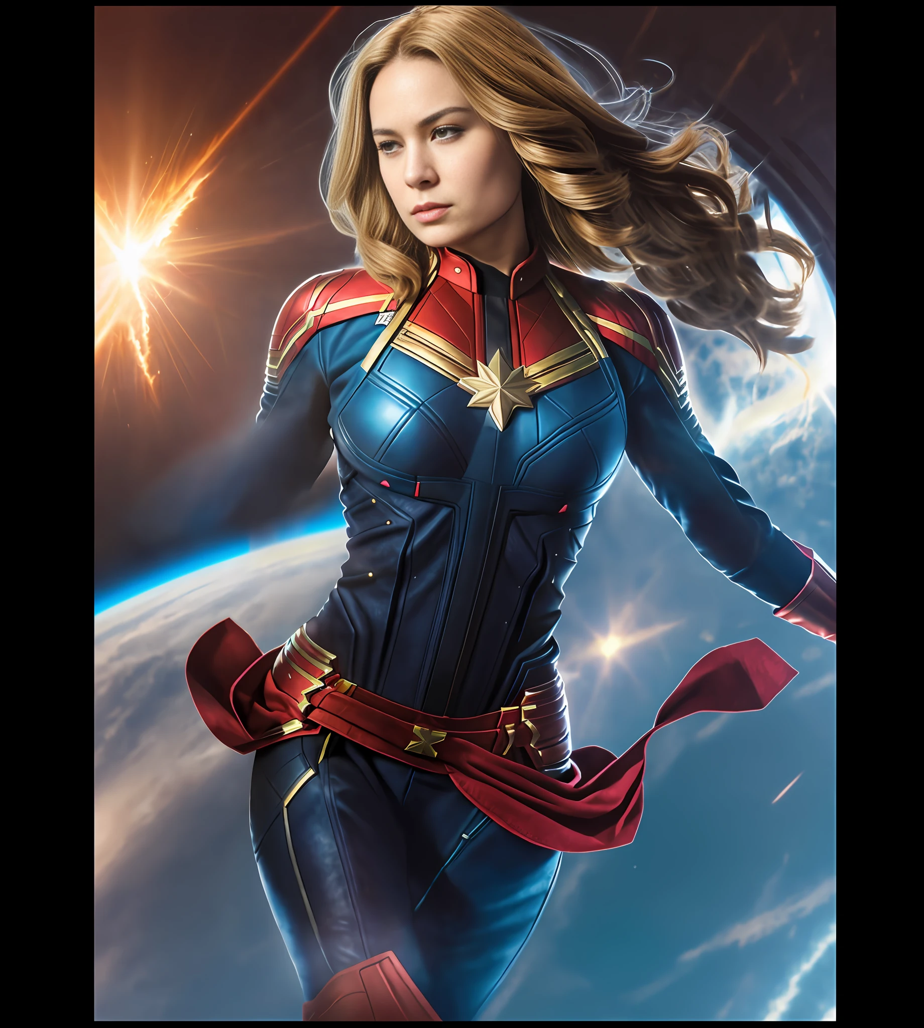 Captain marvel, medium hair, leather suit.