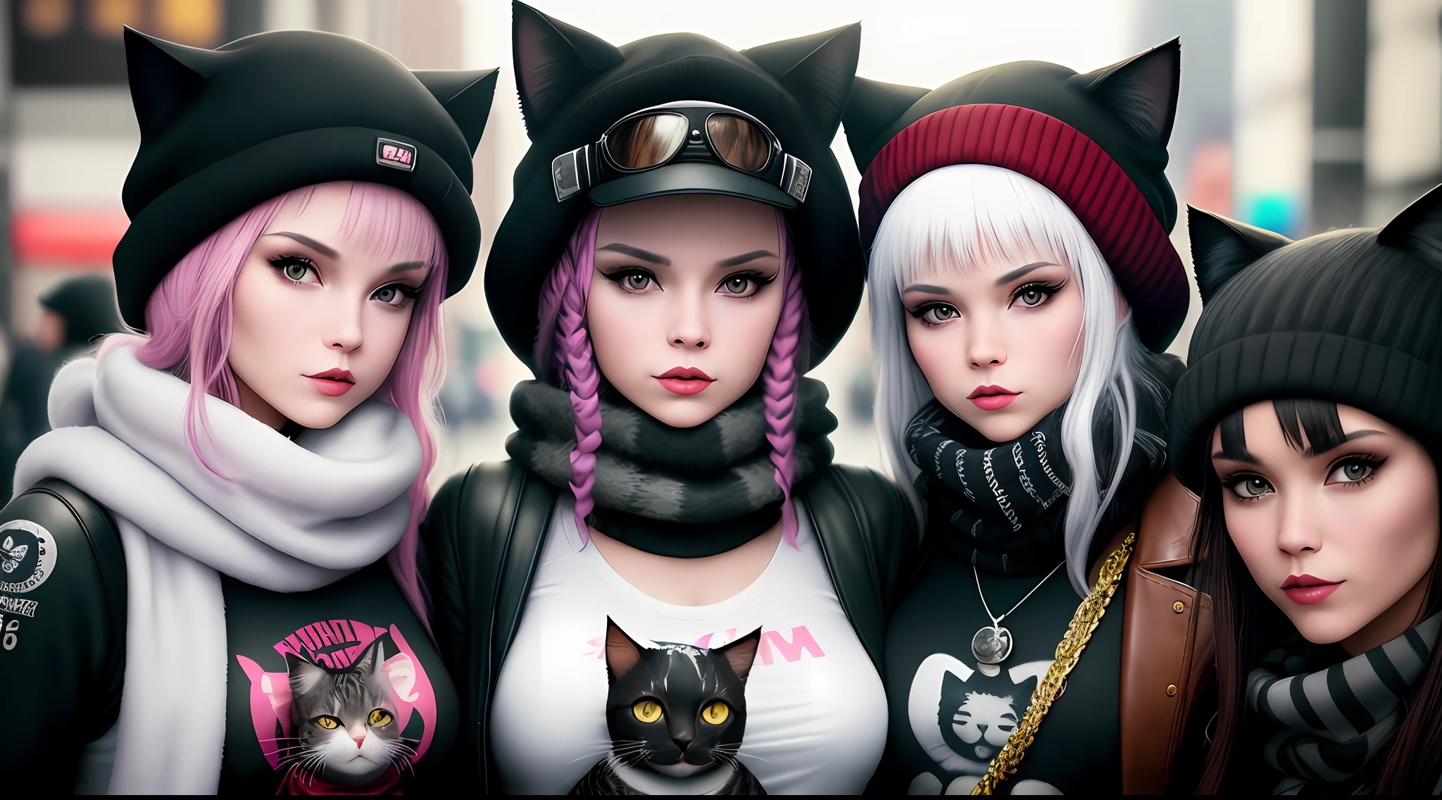 Pictures of cats in hats and scarves, art stand trends, punk clothes, ultra-realistic detailed renderings, British gang members, urban style, intimidating poses, cat planet, fashion clothing, city warriors, meow, West Slavic features, 8 1 5, by lee jeffries nikon d850 film stock photograph 4 kodak portra 400 camera f1.6 lens