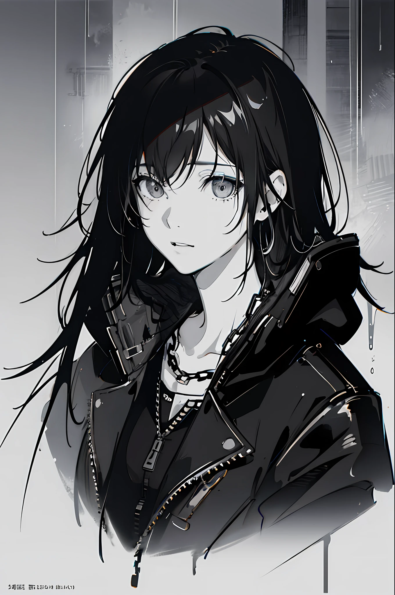 1girl, jacket, rain, outdoor, hoodie, open jacket, chain, backpack, looking at another, messy hair, trending on artstation, 8k resolution, highly detailed, anatomically correct, sharp image, digital painting, concept art, trending on pixiv, style of makoto shinkai,