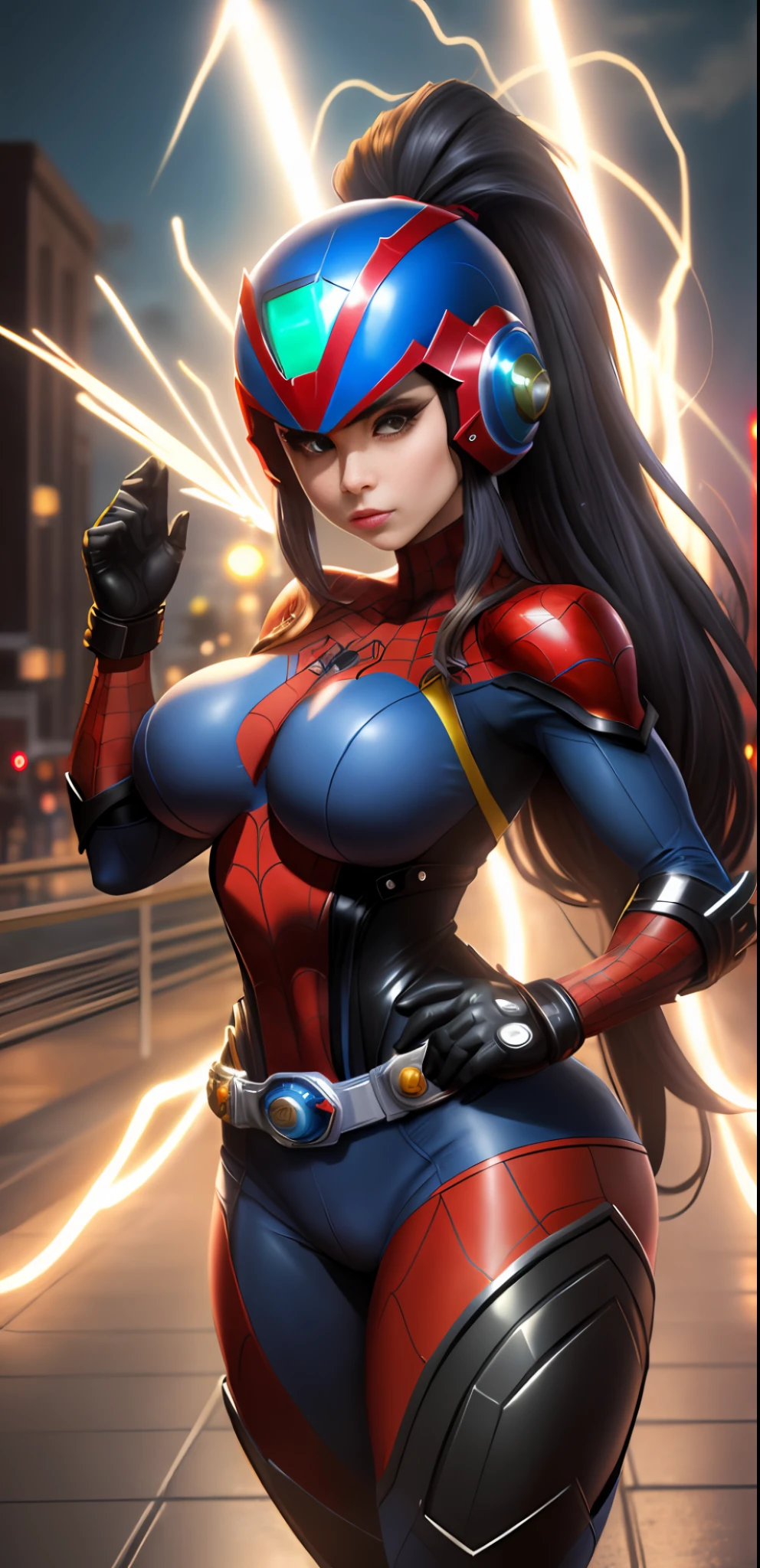 ((character centered in image)), Image with full resolution/quality/sharpness/, Unreal Engine 5/Power Rangers/Tokusatsu/Mortal Kombat/Super Metroid, Cartoon/Disney/Dragon ball/Style, ((1/Woman/big breasts1/helmet/belt/Mega Man-X/Kamen Rider/Spiderman)), mohawk long hair, looking at the viewer, pose, City at night shower strongly.
