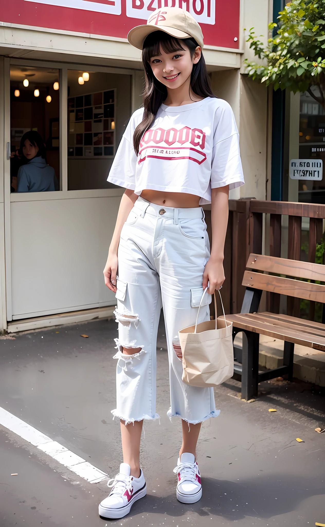 1girl, she wearing white shirt and cargo jean pants, crop top, wearing allstar vans shoes, wear bucket hat,tote bag,22 years old, beautiful smile face, adult face, 4k style, realistic, crowded, pink long hair,make beautiful cute post ,full body