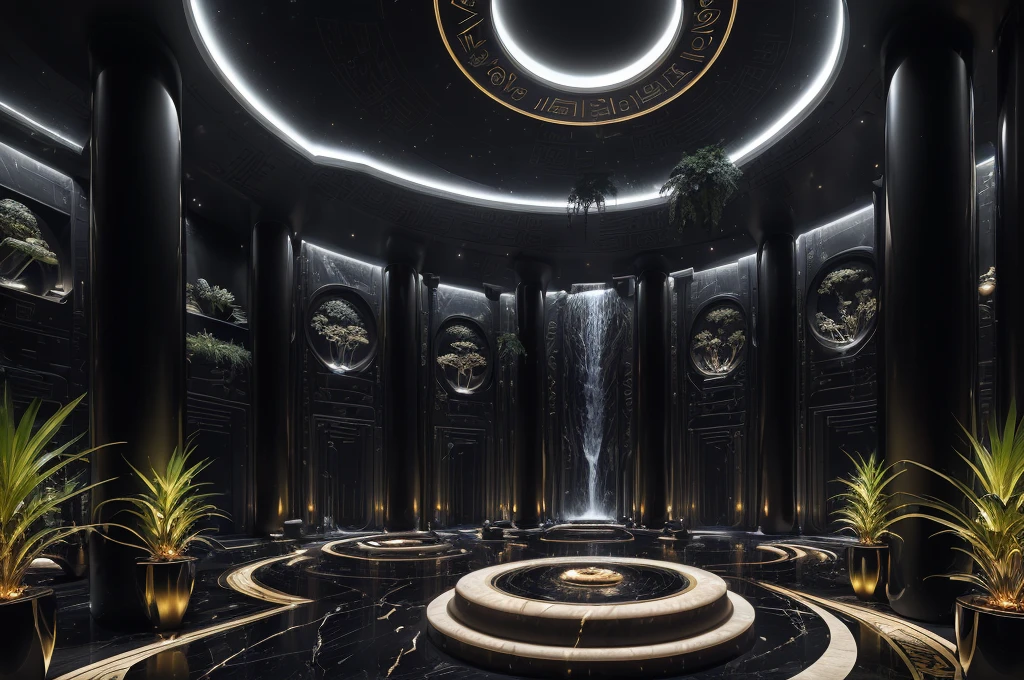 incredible black luxurious futuristic interior in Ancient Egyptian style with many (((lush plants))) (lotus flowers), ((palm trees)), ((african flowers and plants)), rocky walls, ((sand)), ((waterfalls)) (marble), ((precious minerals)), ((metals)), (gemstones), crystals, clouds and (((water))), curvy futuristic furniture, (hieroglyphics), ((trees, flowers, plants made out of gemstones and precious minerals and lights)), crocodiles, (((ultra luxury))), (black marble) – with ((beautiful lights)), Unreal Engine, HQ, 16k
