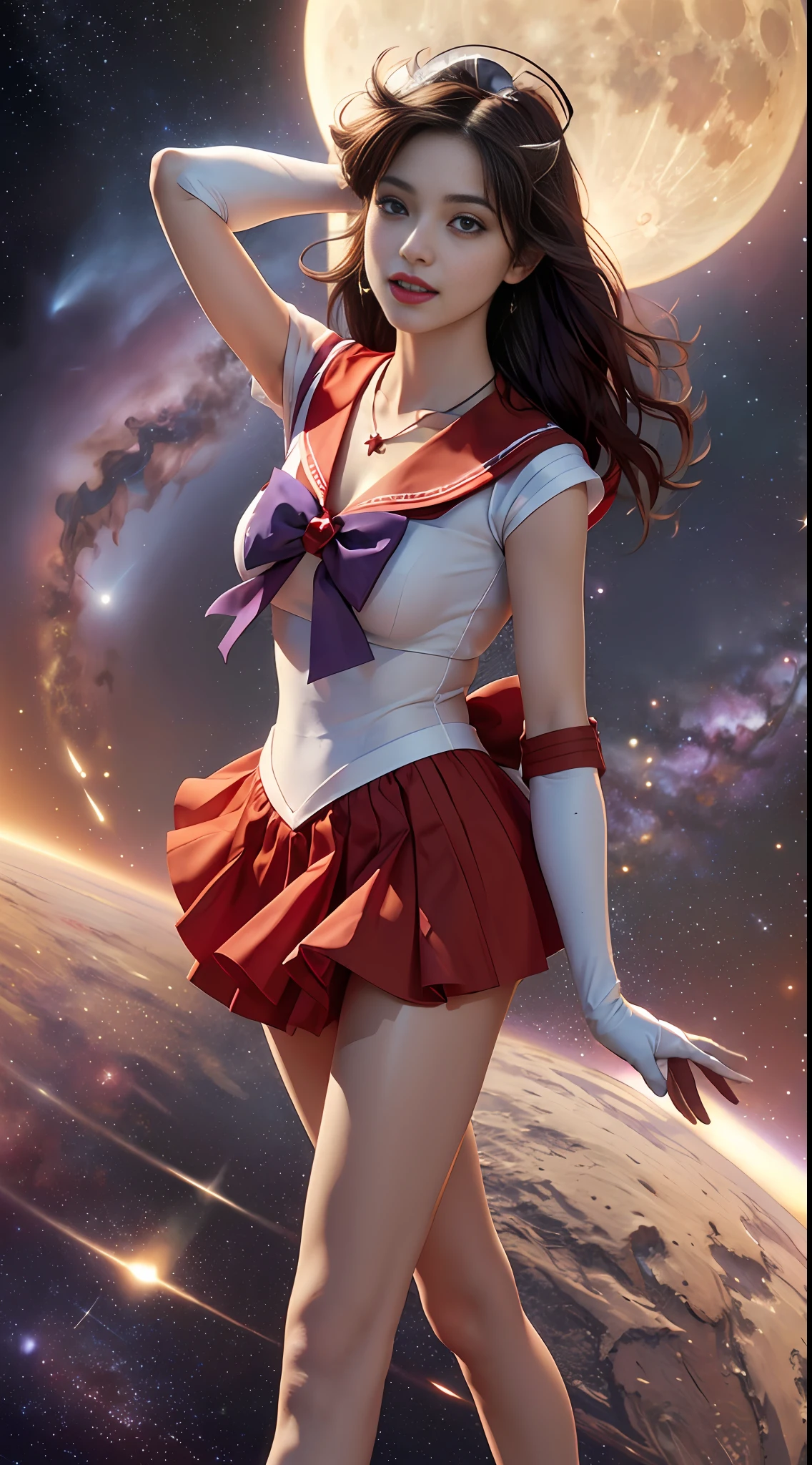 ((HD Realistic, SAMA1 Level)), Extreme Realistic, Masterpiece, Best Quality, High Resolution, SAMA1, Headwear, Sailor Sensi Uniform with Medium Chest, White Gloves, Red Sailor Collar, Red Skirt, Star Necklace, Elbow Gloves, Pleated Skirt, Bare Legs, Purple Bow, Standing, Space, Moon, Charming Smile, Stunning Beauty, Full Body Photo