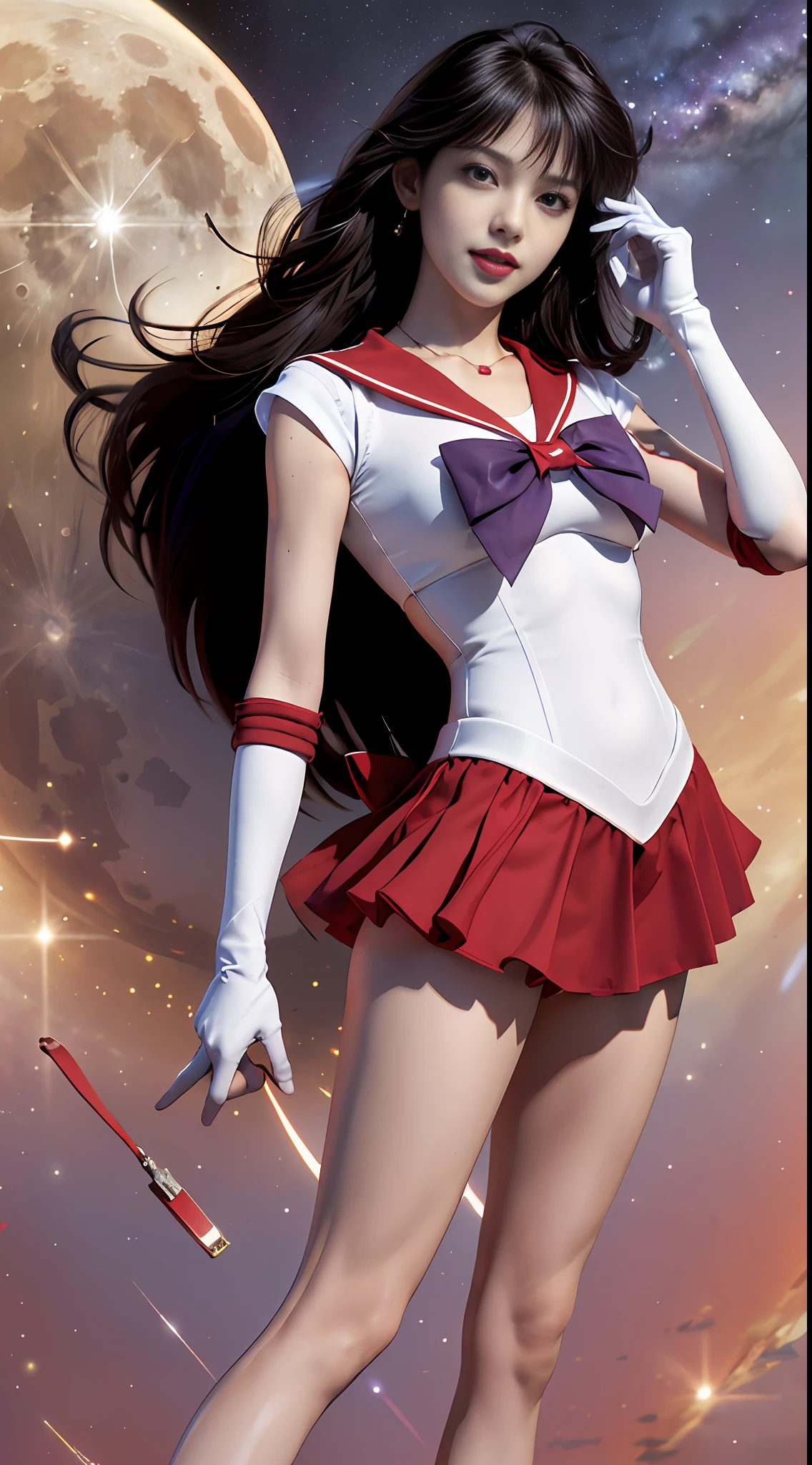 ((HD Realistic, SAMA1 Level)), Extreme Realistic, Masterpiece, Best Quality, High Resolution, SAMA1, Headwear, Sailor Sensi Uniform with Medium Chest, White Gloves, Red Sailor Collar, Red Skirt, Star Necklace, Elbow Gloves, Pleated Skirt, Bare Legs, Purple Bow, Standing, Space, Moon, Charming Smile, Stunning Beauty, Full Body Photo