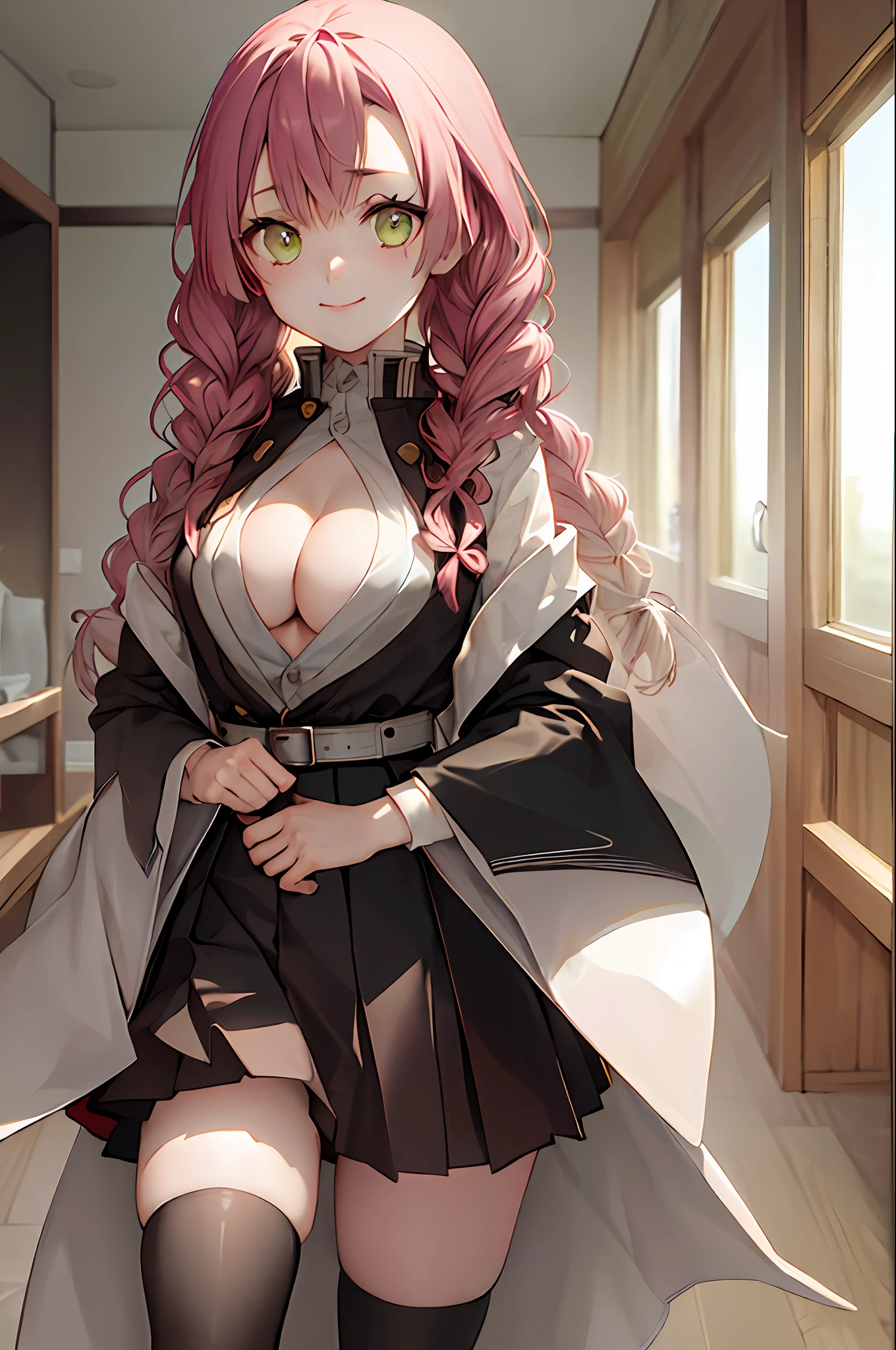 masterpiece, best quality, ultra-detailed, Potrait of beautiful MitsuruDS, solo, demon_slayer_uniform, smile, long_sleeves, looking_at_viewer, japanese_clothes, breasts, haori, cleavage, closed_mouth, jacket, large_breasts, open_clothes, skirt, belt, black_skirt, pleated_skirt, thighhighs, green_thighhighs, zettai_ryouiki, volumetric lighting, best quality, masterpiece, intricate details, tonemapping, sharp focus, hyper detailed, trending on Artstation,