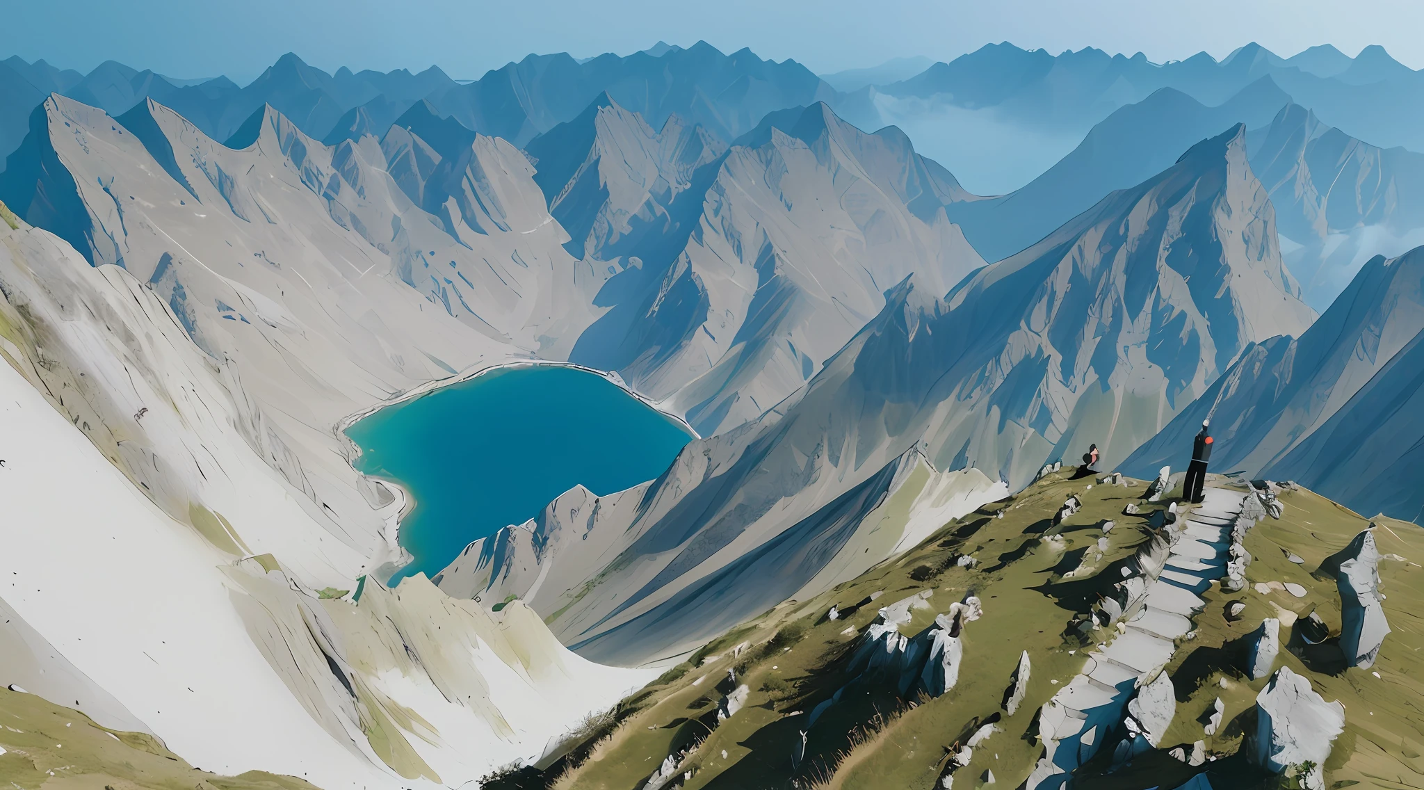 The weather is clear, the breeze is blowing, five young Chinese men, standing on the top of a very wide mountain, flowing clothing, beautiful details, straight posture, looking from the top back, freehand, realistic, full of creativity, free play, epic composition, cinematography, 32k