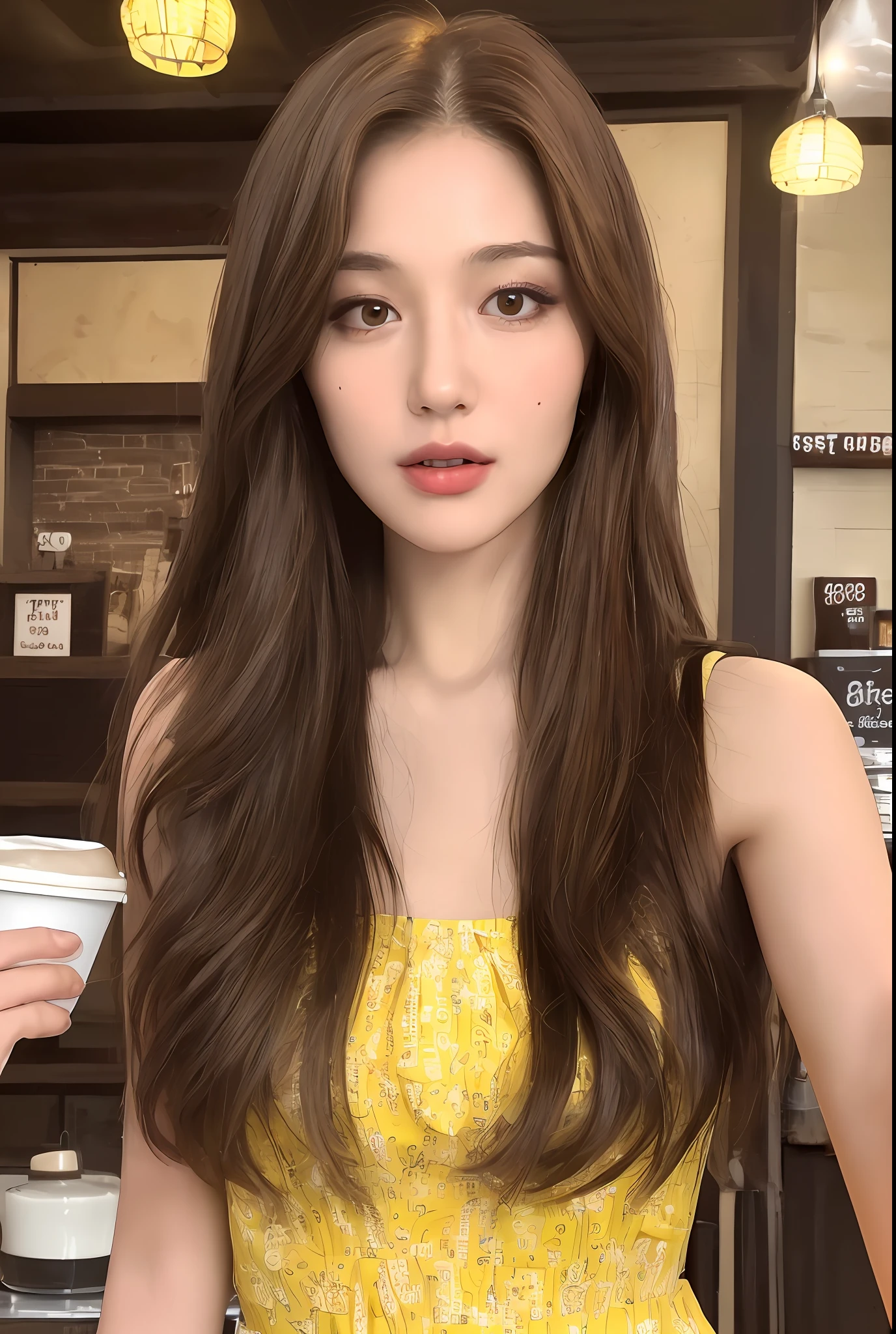 ((Best quality, 8k, Masterpiece :1.3)), Whole body, Long legs, Sharp focus :1.2, A pretty young girl with perfect figure :1.4, Slender abs :1.2, ((Dark brown long hair)), Yellow dress :1.1, (coffee shop view :1.1), Highly detailed face and skin texture, Detailed eyes, Double eyelid, Teen british-asian girl