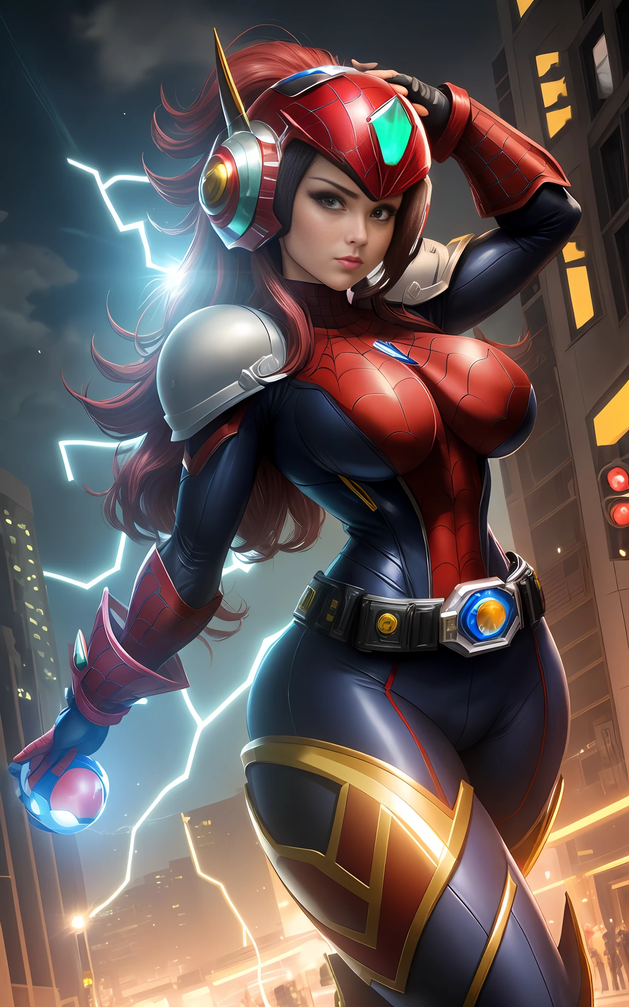 ((body center)), Image with full resolution/quality/sharpness/, Unreal Engine 5/Power Rangers/Tokusatsu/Mortal Kombat/Super Metroid, Cartoon/Disney/Dragon ball/Style, ((1/Woman/big breasts1/helmet/belt/Mega Man-X/Kamen Rider/Spiderman)), mohawk long hair, looking at the viewer, pose, City at night shower strongly.