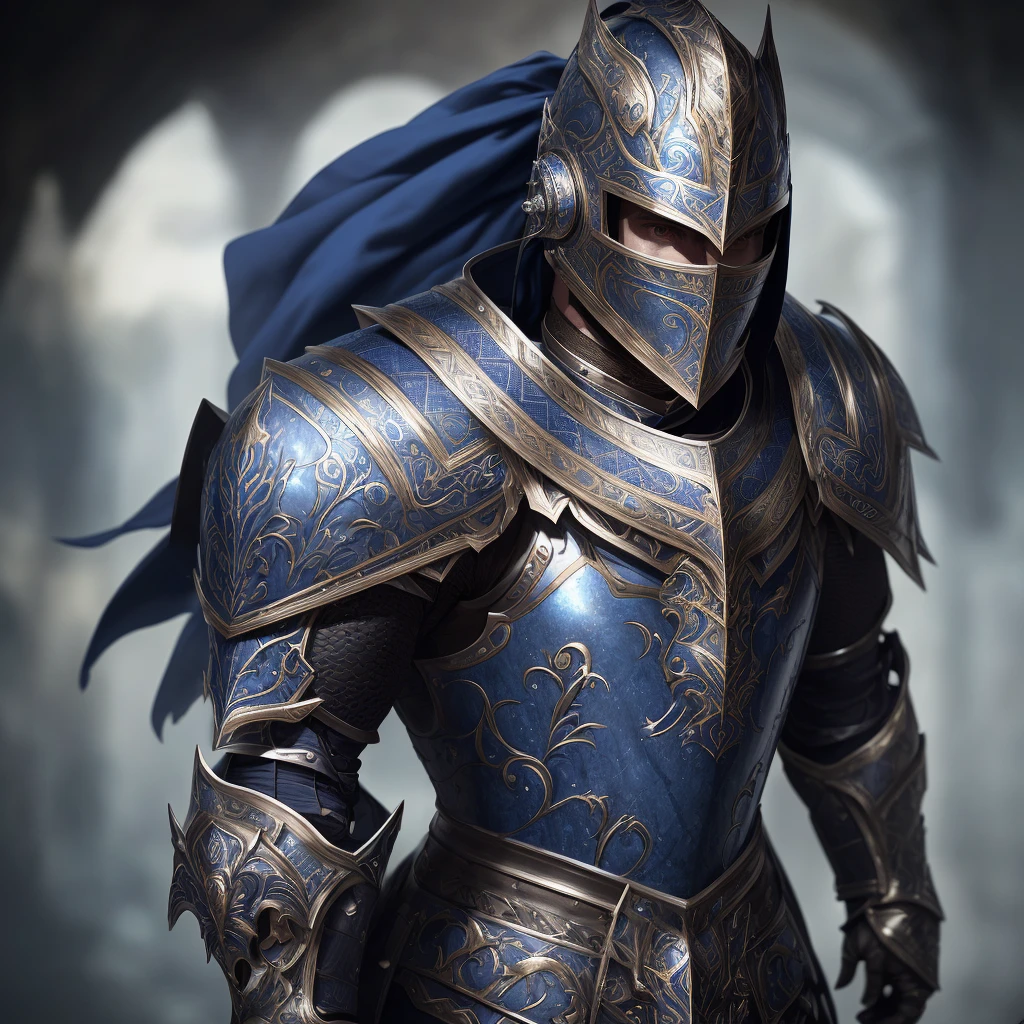 8k uhd, (hyper realistic), (photo realistic), (masterpiece), (best quality) a male knight in massive dark ornate blue plater armor, helm and faceplate covering the face but shows the eyes, facing the viewer
