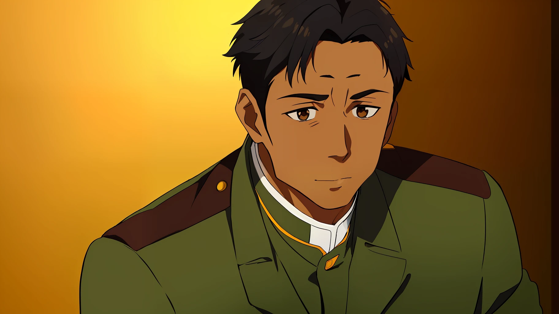 1boy, dark skin, black hair, wrinkles, mature male, military uniform, brown eyes