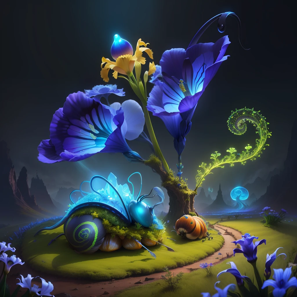 a psychedelic ant hill housing a snail with very long blue horns yellow moss, tamised light, delicate iris, translucid vapor, fantasy, hd, HDR 4k