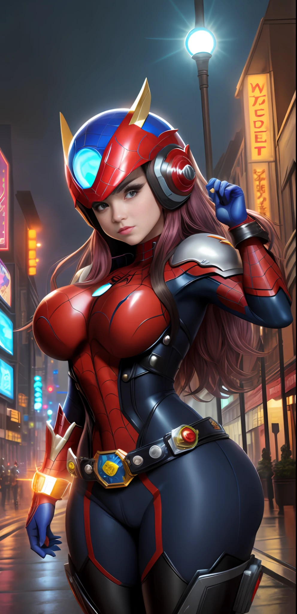 ((character centered in image)), Image with full resolution/quality/sharpness/, Unreal Engine 5/Power Rangers/Tokusatsu/Mortal Kombat/Super Metroid, Cartoon/Disney/Dragon ball/Style, ((1/Woman/big breasts1/helmet/belt/Mega Man-X/Kamen Rider/Spiderman)), mohawk long hair, looking at the viewer, pose, City at night shower strongly.