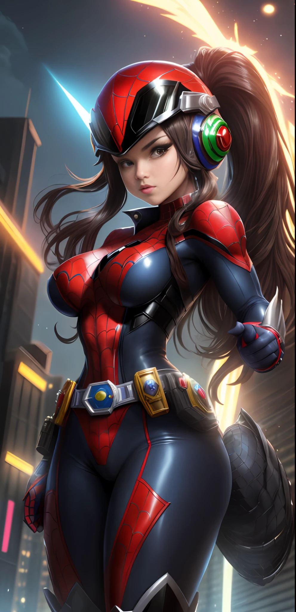 ((character centered in image)), Image with full resolution/quality/sharpness/, Unreal Engine 5/Power Rangers/Tokusatsu/Mortal Kombat/Super Metroid, Cartoon/Disney/Dragon ball/Style, ((1/Woman/big breasts1/helmet/belt/Mega Man-X/Kamen Rider/Spiderman)), mohawk long hair, looking at the viewer, pose, City at night shower strongly.