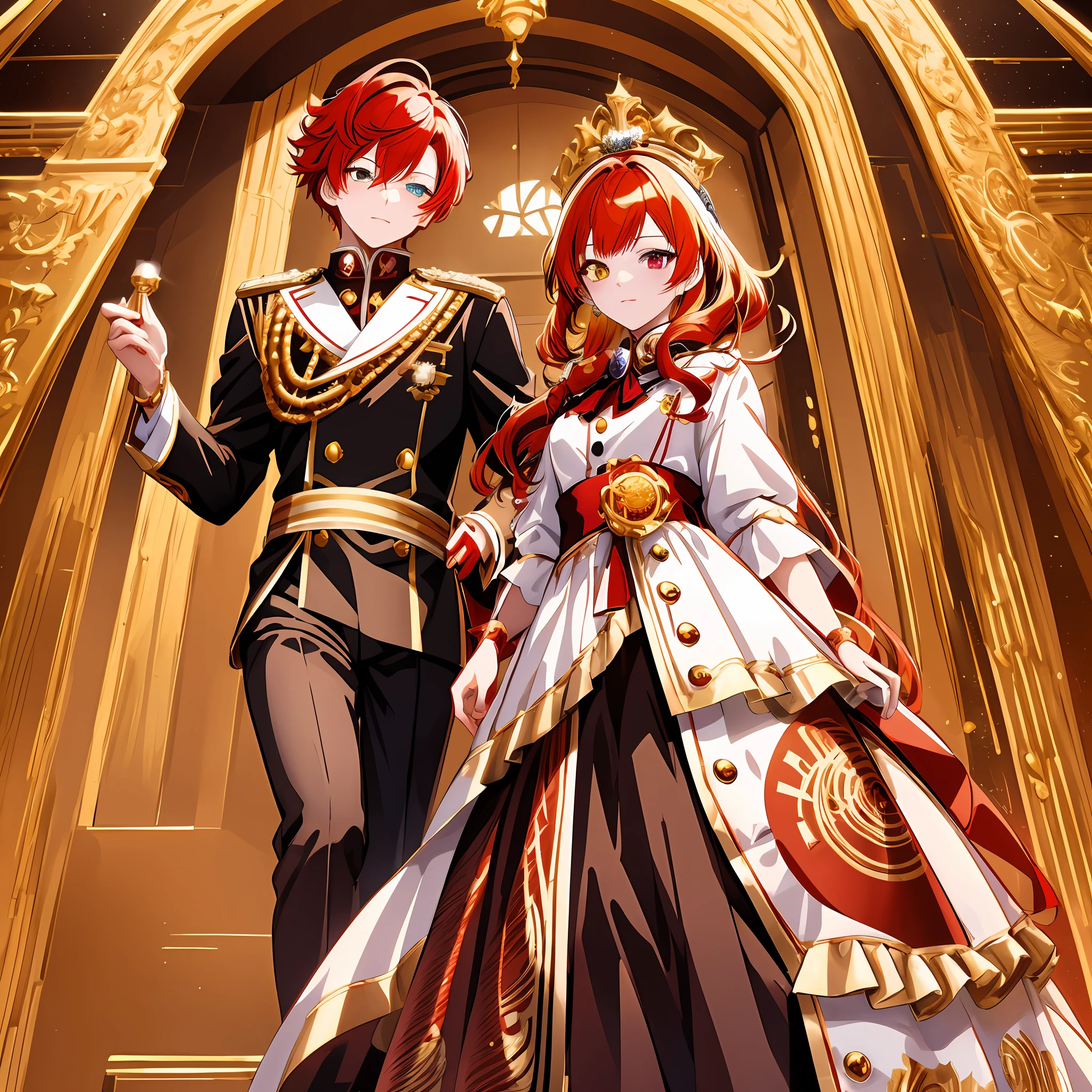 Anime boy,red and gold hair, royalty, royalty hair style,elite uniform,gold and red eyes, heterochromia, close up shot, extremely detailed eyes, glowing eyes, highest quality digital art, Stunning art, wallpaper 4k,8k,64k, HD, unparalleled masterpiece, dynamic lighting, cinematic, epic