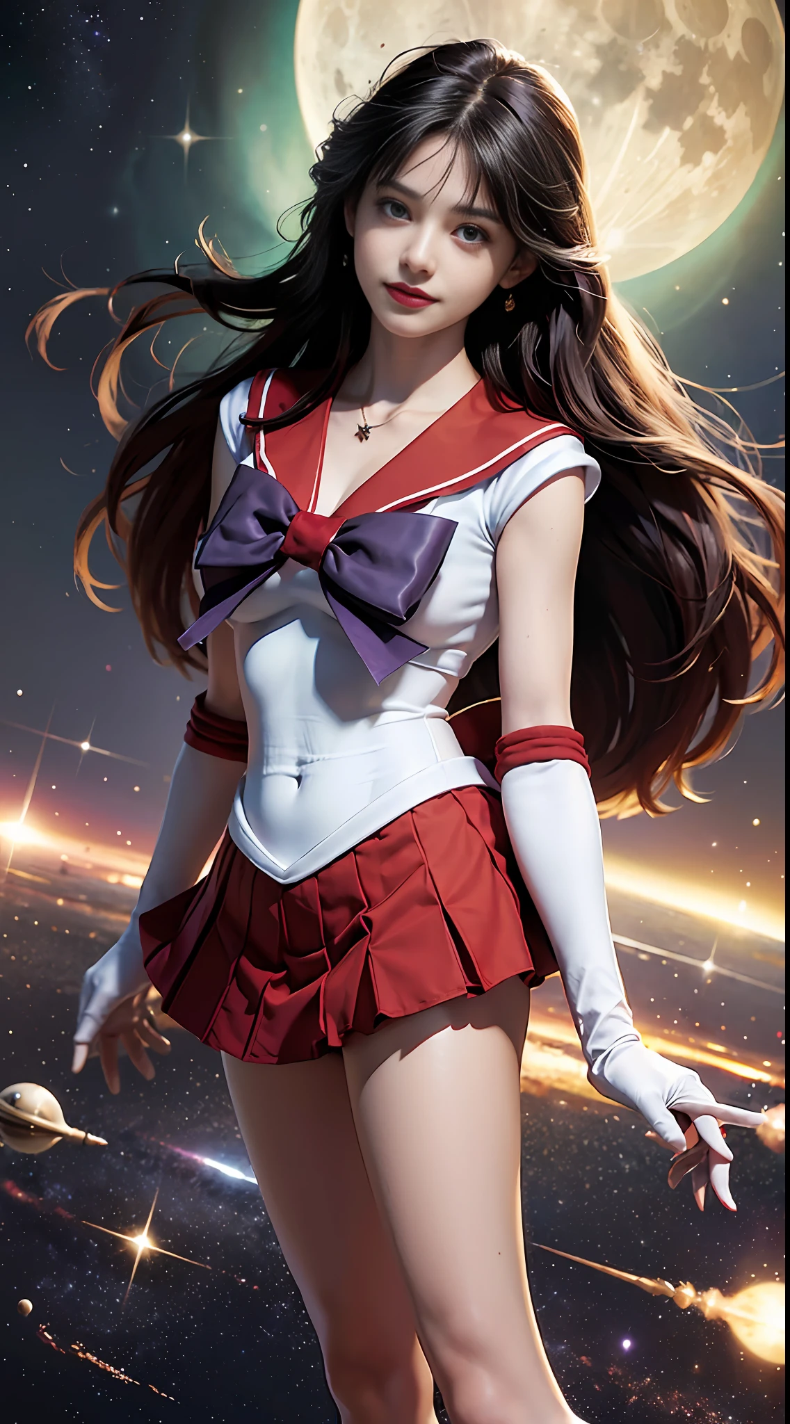 ((HD Realistic, SAMA1 Level)), Extreme Realistic, Masterpiece, Best Quality, High Resolution, SAMA1, Headwear, Sailor Sensi Uniform with Medium Chest, White Gloves, Red Sailor Collar, Red Skirt, Star Necklace, Elbow Gloves, Pleated Skirt, Bare Legs, Purple Bow, Standing, Space, Moon, Charming Smile, Stunning Beauty, Full Body Photo
