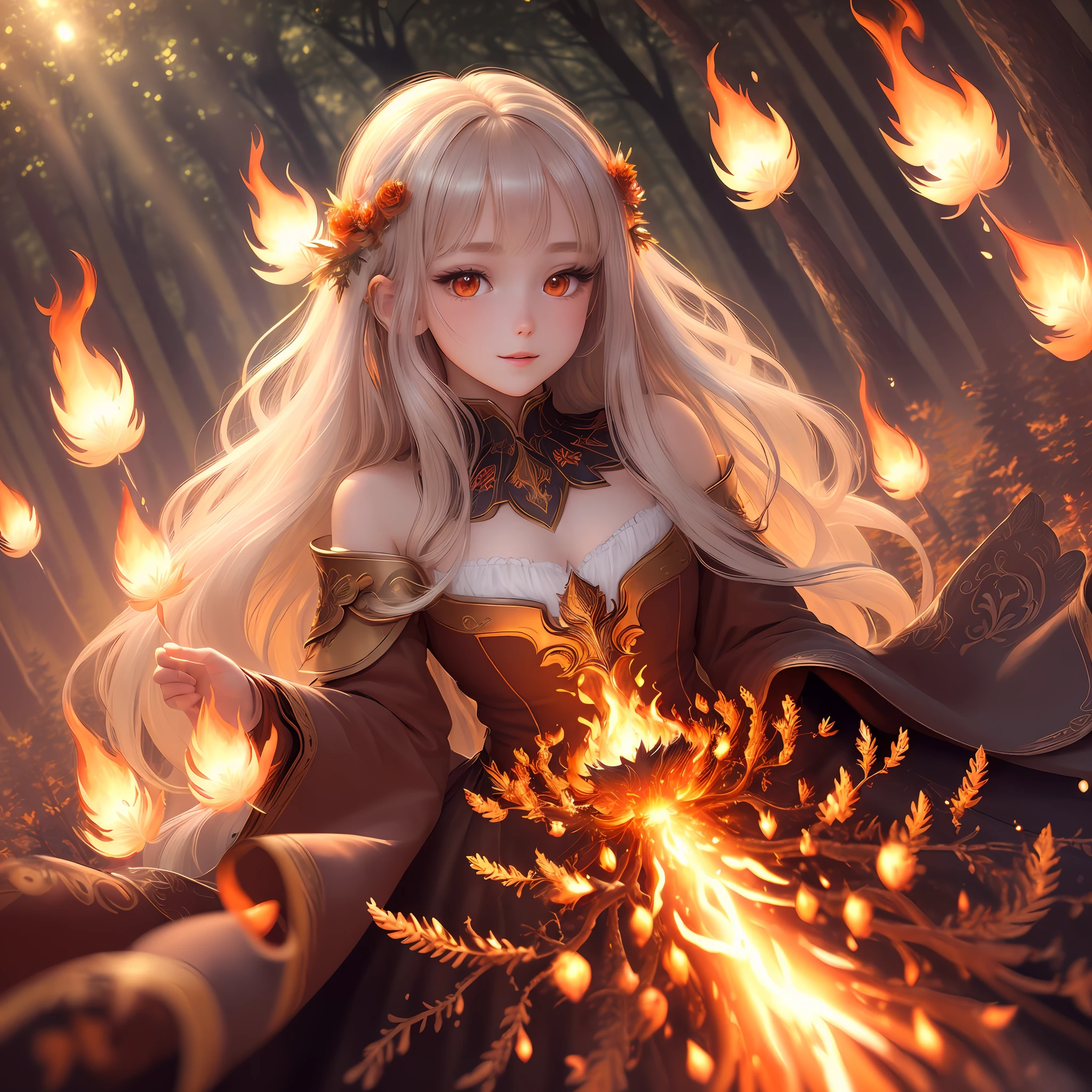 masterpiece, best quality, hair is turning into fire, hair is on fire, Fantasy, (light rayer:1.05), orange light particles, scenery, fire, Beautiful and detailed explosion, beautiful detailed glow, Flames burning around, Flames burning around, Fire feathers, burning, (burning forest:1.34), (bare trees:1.05), ashes, (red sun:1.05), (flame swirling around the character:1.1), solo, crazy_smile, (detailed:1.05), high resolution illustration, lustrous skin, colorful, (ultra-detailed:1.1), (illustration:1.05), (detailed light:1.05), (an extremely delicate and beautiful:1.1), beautiful detailed girl, depth of field, white_long_hair, orange_eyes, eyelashs, dark eyelashes, eyeliner, soft glowing eyes,