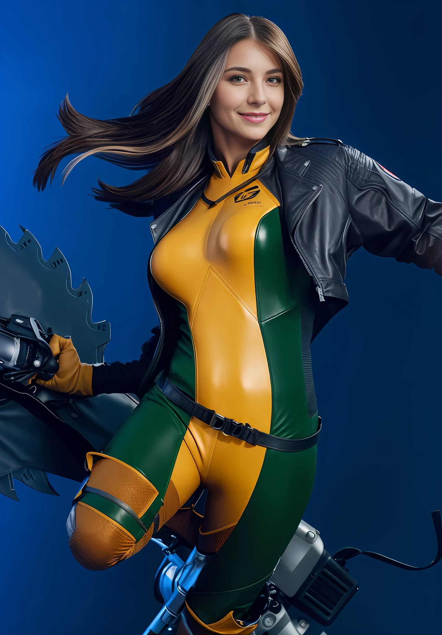 European woman, long hair, Jens jacket, leather suit, smile on face.