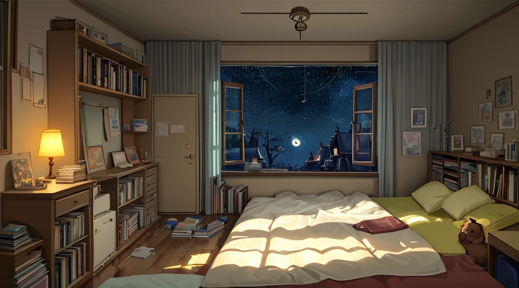 Messy room, bed in the center of the room, dog sleeping on the floor, bookshelf, cozy, night weather, starry sky, moonlight, anime style, anime, Ghibli-like colours, HD, high quality, high details, super detail, masterpiece
