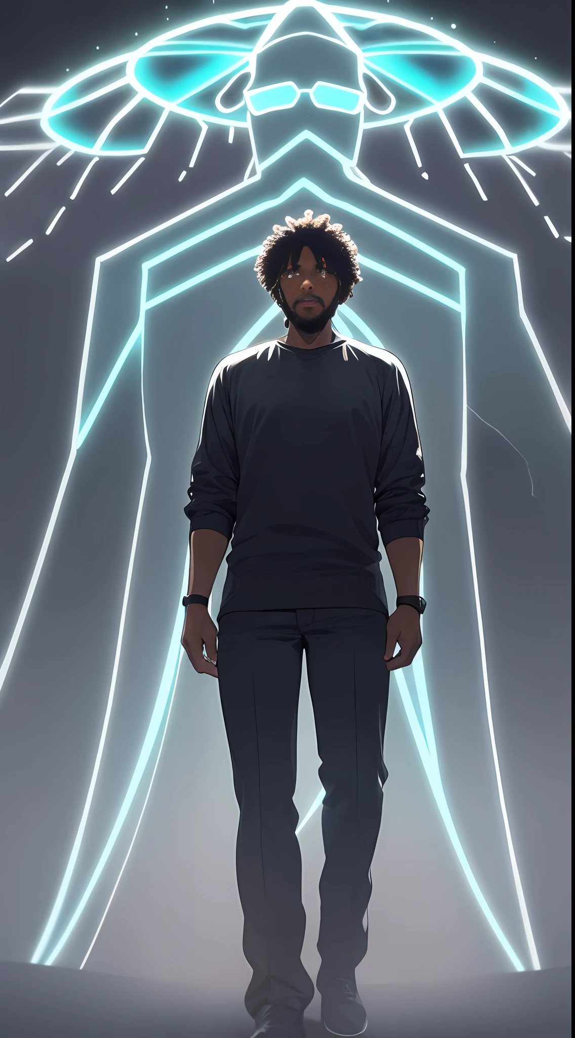 A black man, with glowing cyan eyes, he is a dad, he is alone, he have 49 years old.