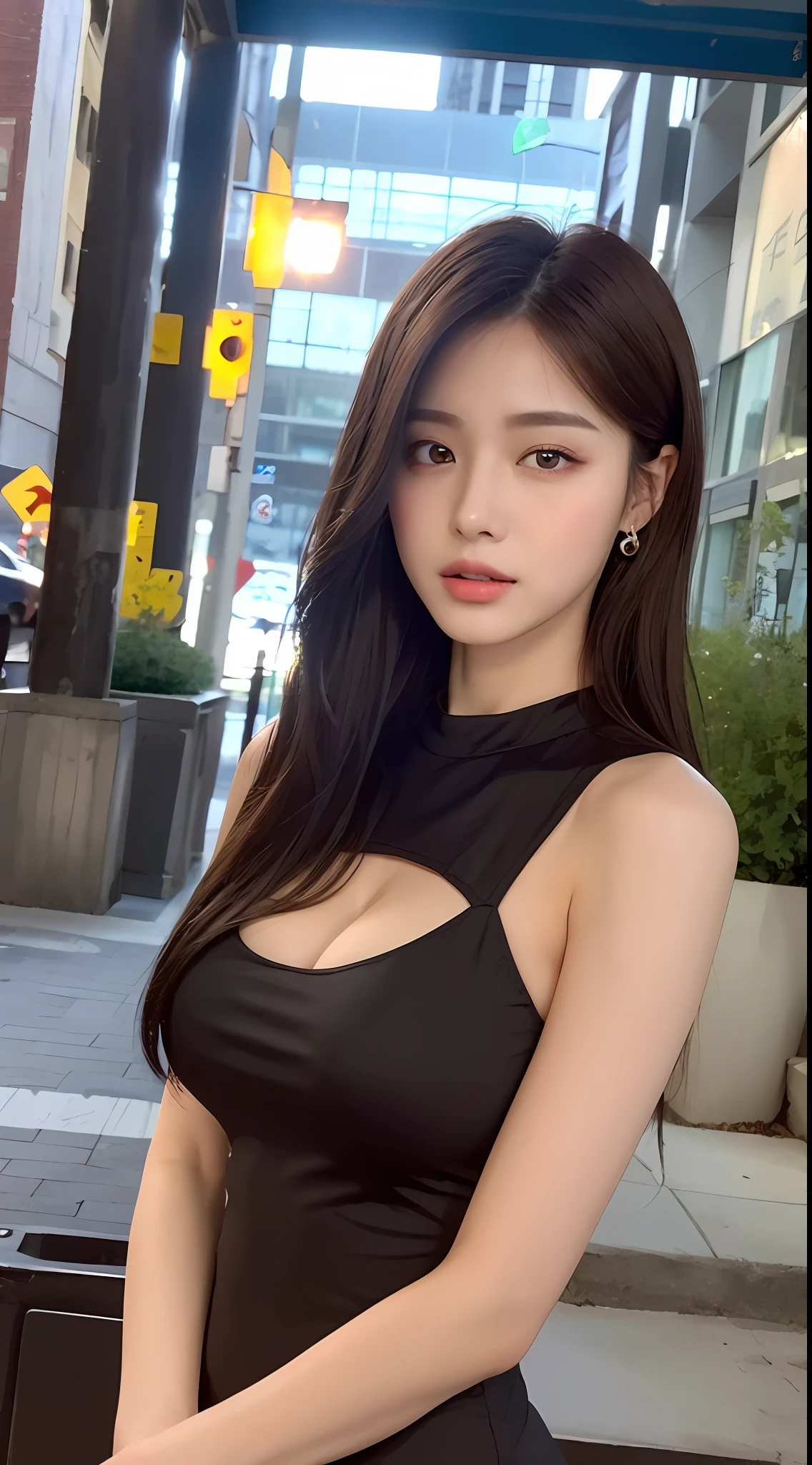((Realistic lighting, Best quality, 8K, Masterpiece: 1.3)), Clear focus: 1.2, 1girl, Perfect Body Beauty: 1.4, Slim Abs: 1.1, ((Dark Brown Hair, Big Breasts: 1.3)), (Aqua Dress: 1.4), (Outdoor, Night: 1.1), City Street, Super Fine Face, Fine Eyes, Double Eyelids