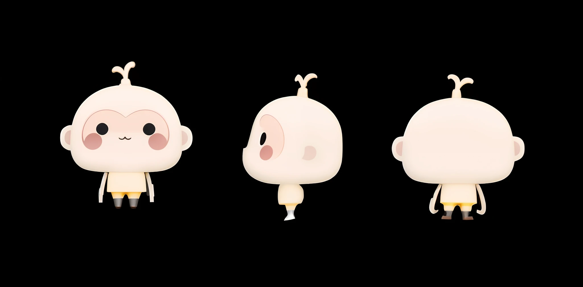 The same characters, front, side, back