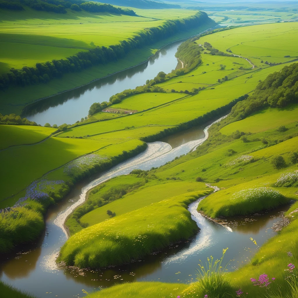 The valleys are carpeted with vibrant green grasses and wildflowers that dance in the gentle breeze. A river meanders through the scene, its crystal-clear waters reflecting the shimmering sunlight. As the sun's rays touch the river, they create a sparkling path that leads deeper into the landscape, inviting exploration.