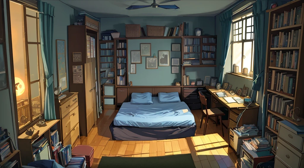 Messy room, bed in the center of the room, bookshelf, cozy, night weather, starry sky, moonlight, anime style, anime, Ghibli-like colours, HD, high quality, high details, super detail, masterpiece
